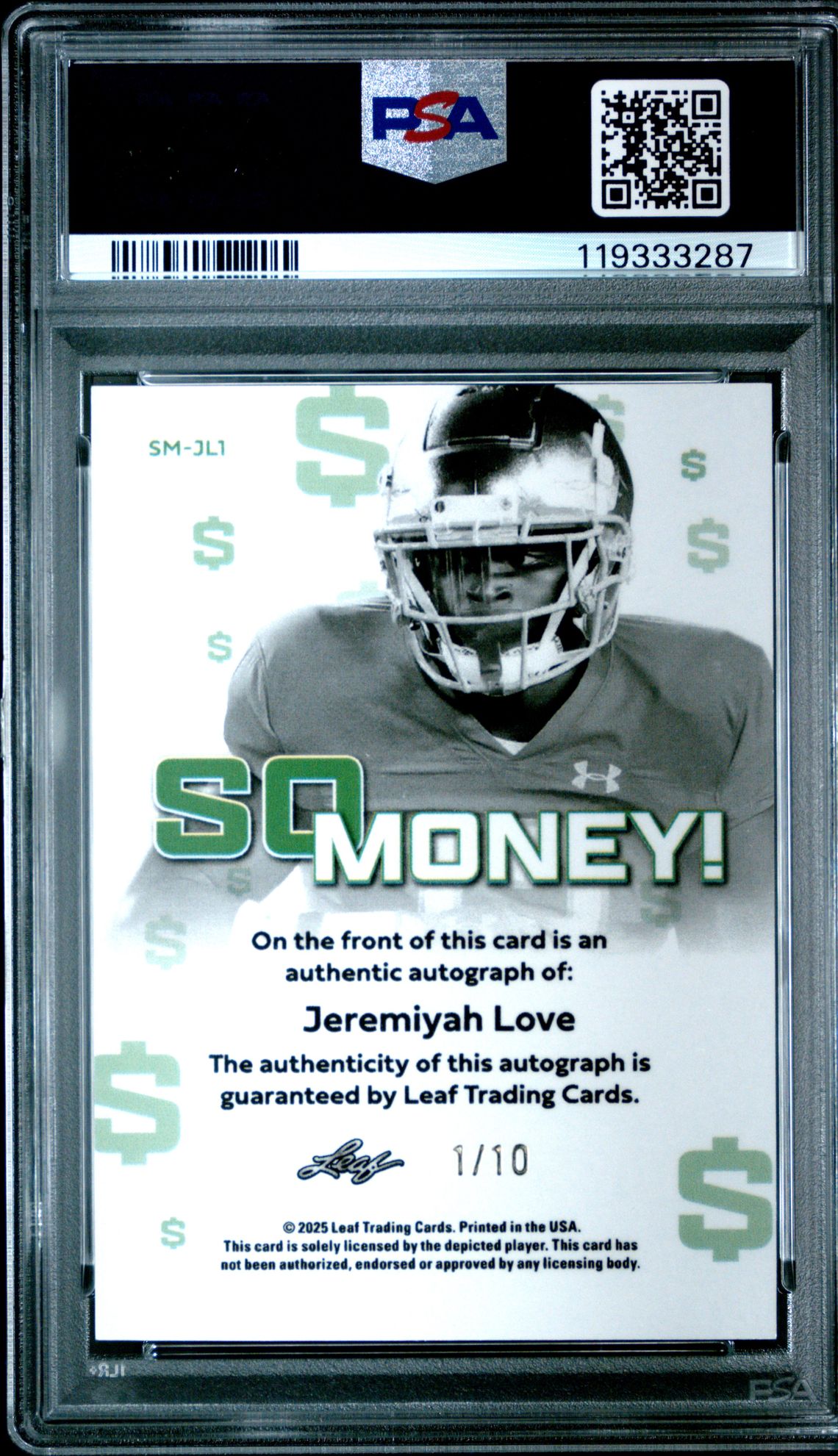 2025 Leaf Metal So Money! Autographs Jeremiyah Love #Smjl1 (So Money! Au-Red Lava) Nm 7 back