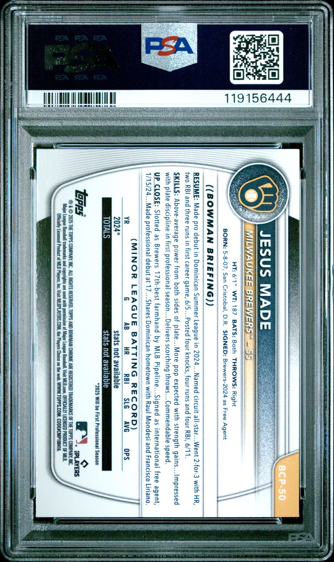 2025 Bowman Chrome Prospects Jesus Made #Bcp50 (Chrome Pros-Steel Metal) Mint 9 back