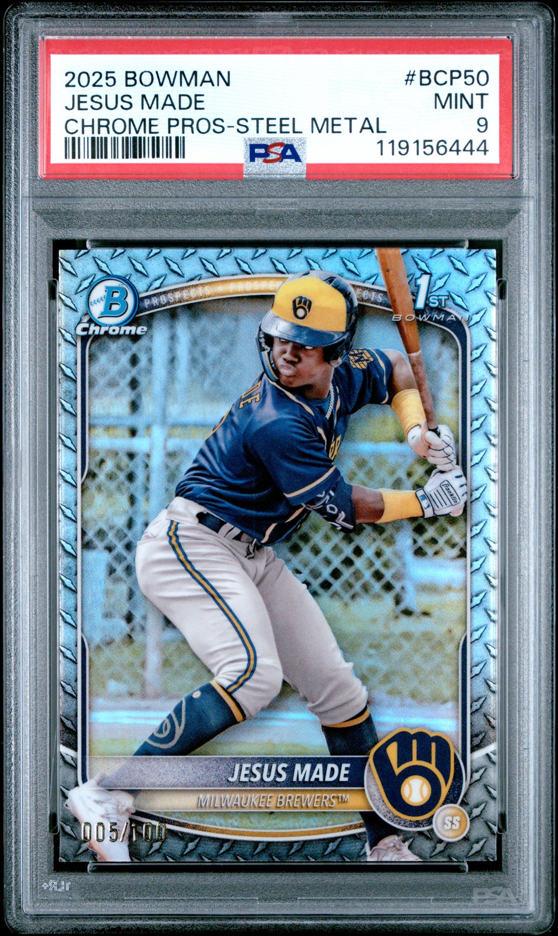 2025 Bowman Chrome Prospects Jesus Made #Bcp50 (Chrome Pros-Steel Metal) Mint 9 front
