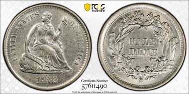 1872-S H10C Mintmark Below Bow AU58