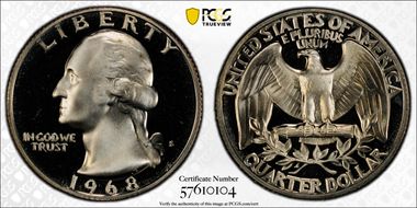 1968-S 25C PR68DCAM