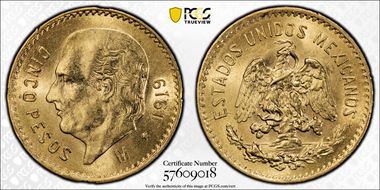 1919-M 5 Peso KM-464  Au MS63