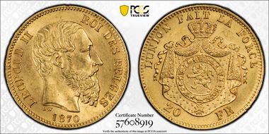 1870 20 Fr KM-37  Au Beard w/Gap at Neck, Position B MS63