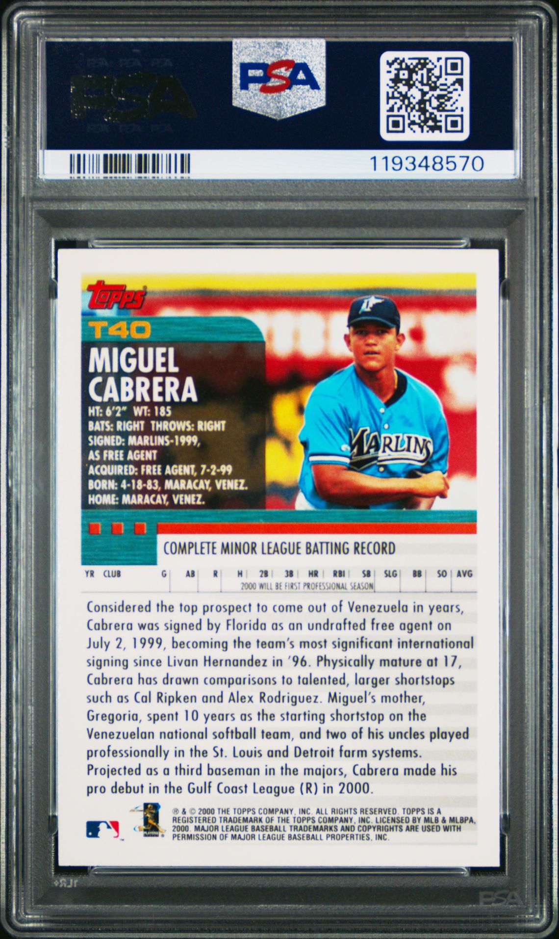 2000 Topps Traded Miguel Cabrera #T40 Gem Mt 10 back