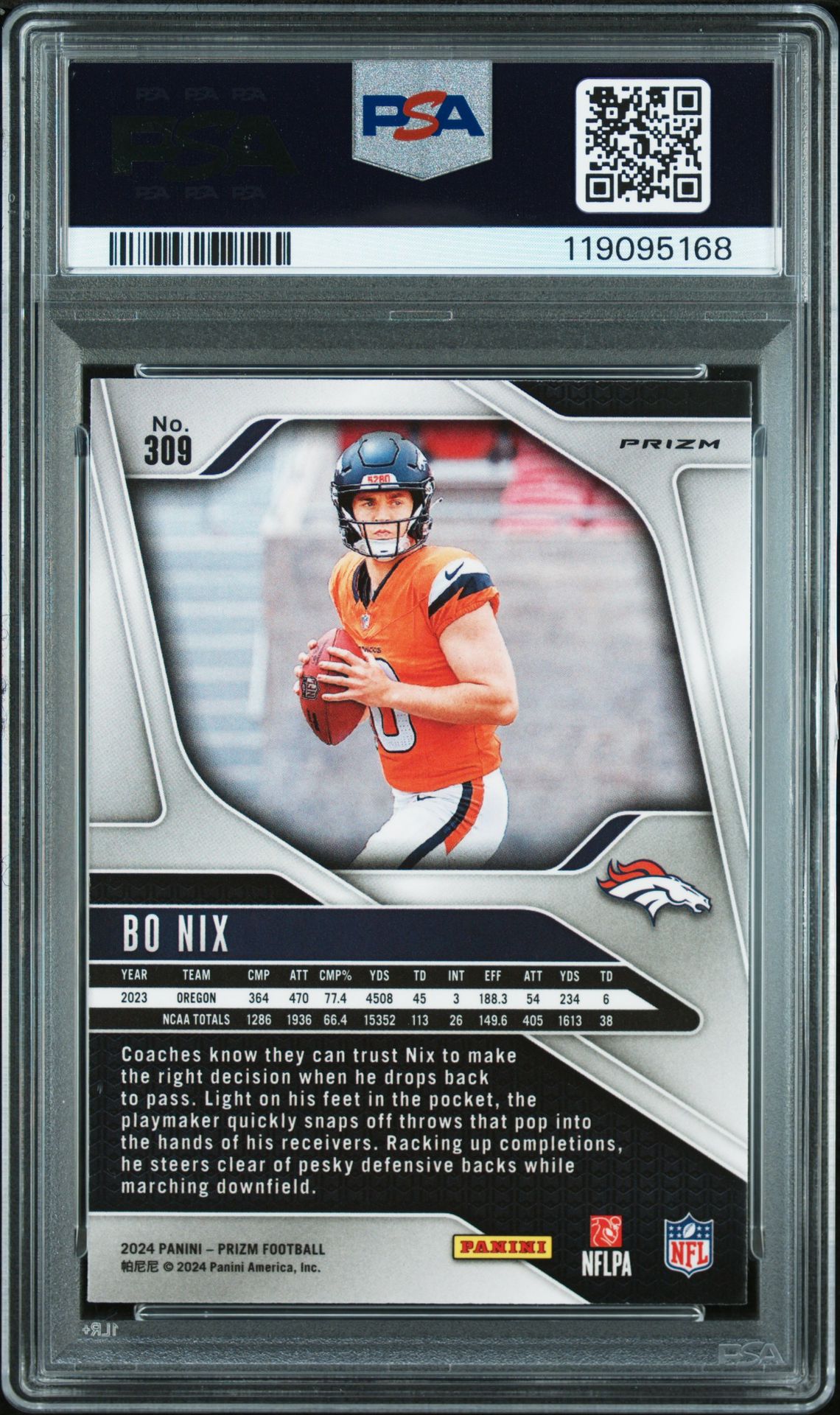 2024 Panini Prizm Bo Nix #309 (Lazer Prizm) Mint 9 back