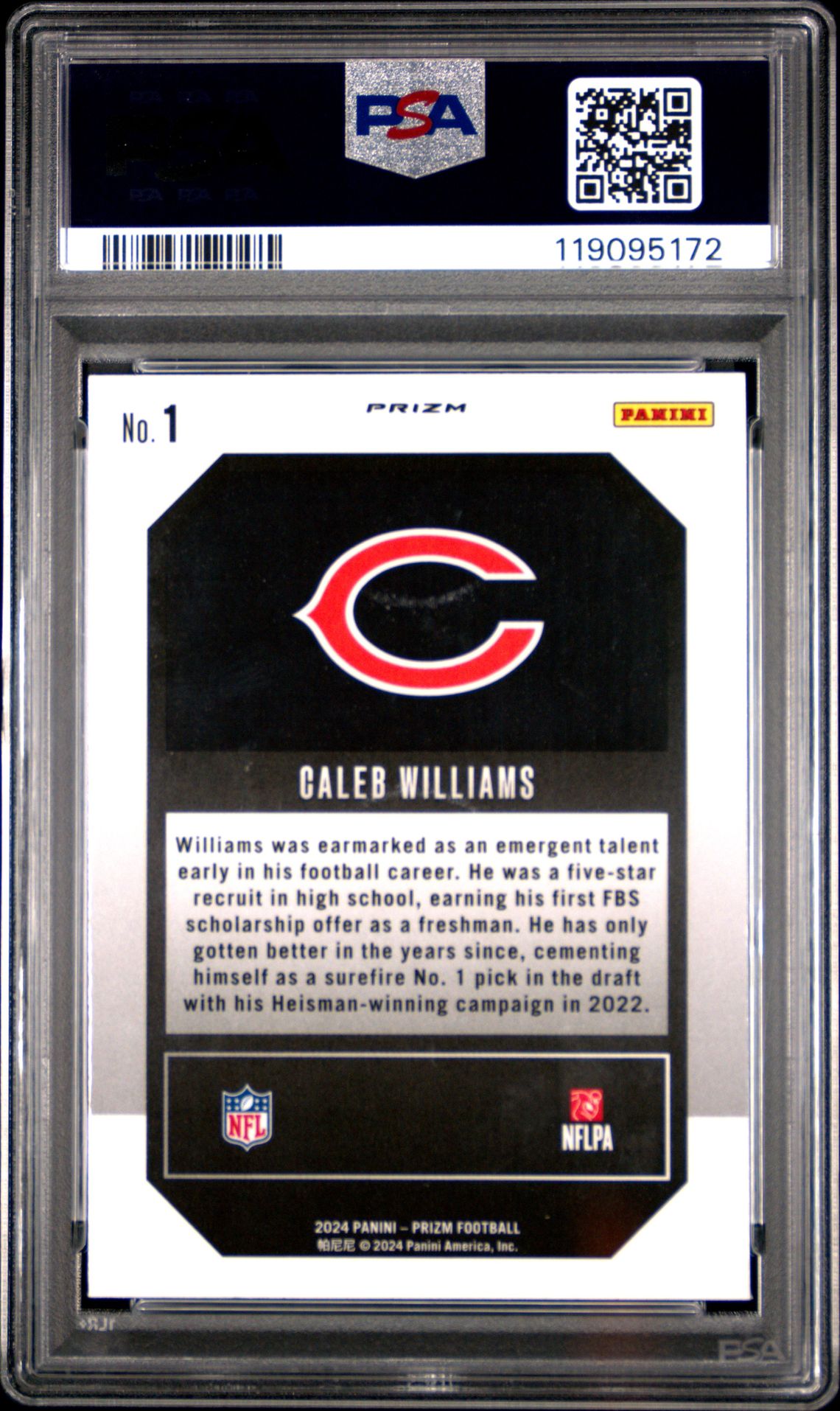 2024 Panini Prizm Emergent Caleb Williams #1 (Emergent-Green Wave) Mint 9 back