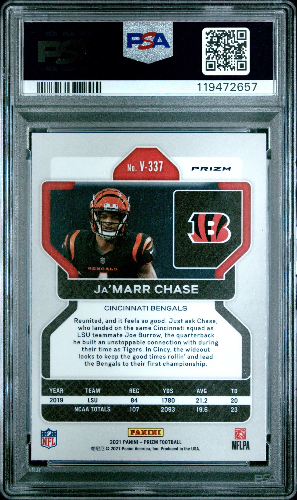 2021 Panini Prizm Ja'marr Chase #V337 (Variation-Silver Prizm) Mint 9 back