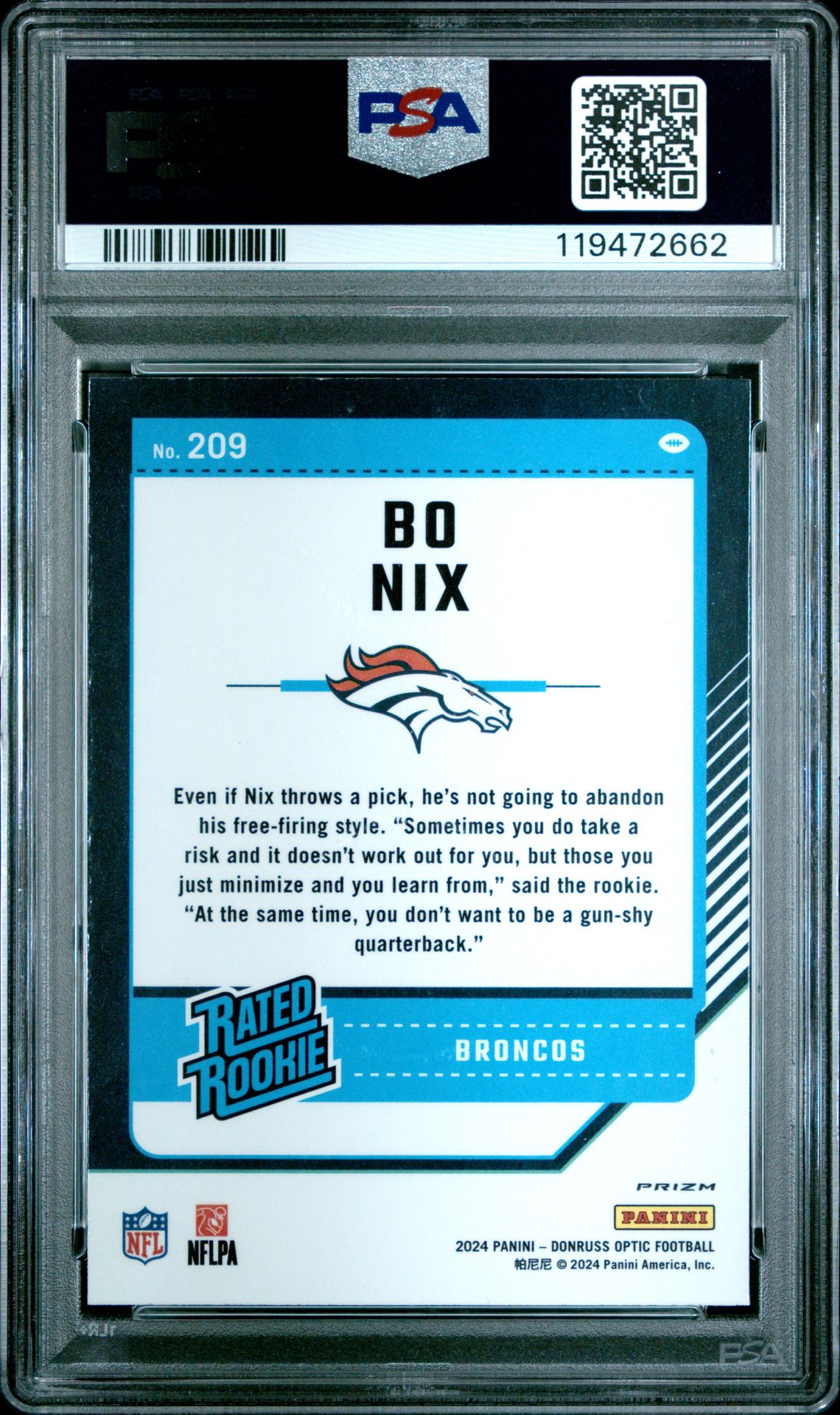 2024 Panini Donruss Optic Bo Nix #209 (Purple Shock) Mint 9 back