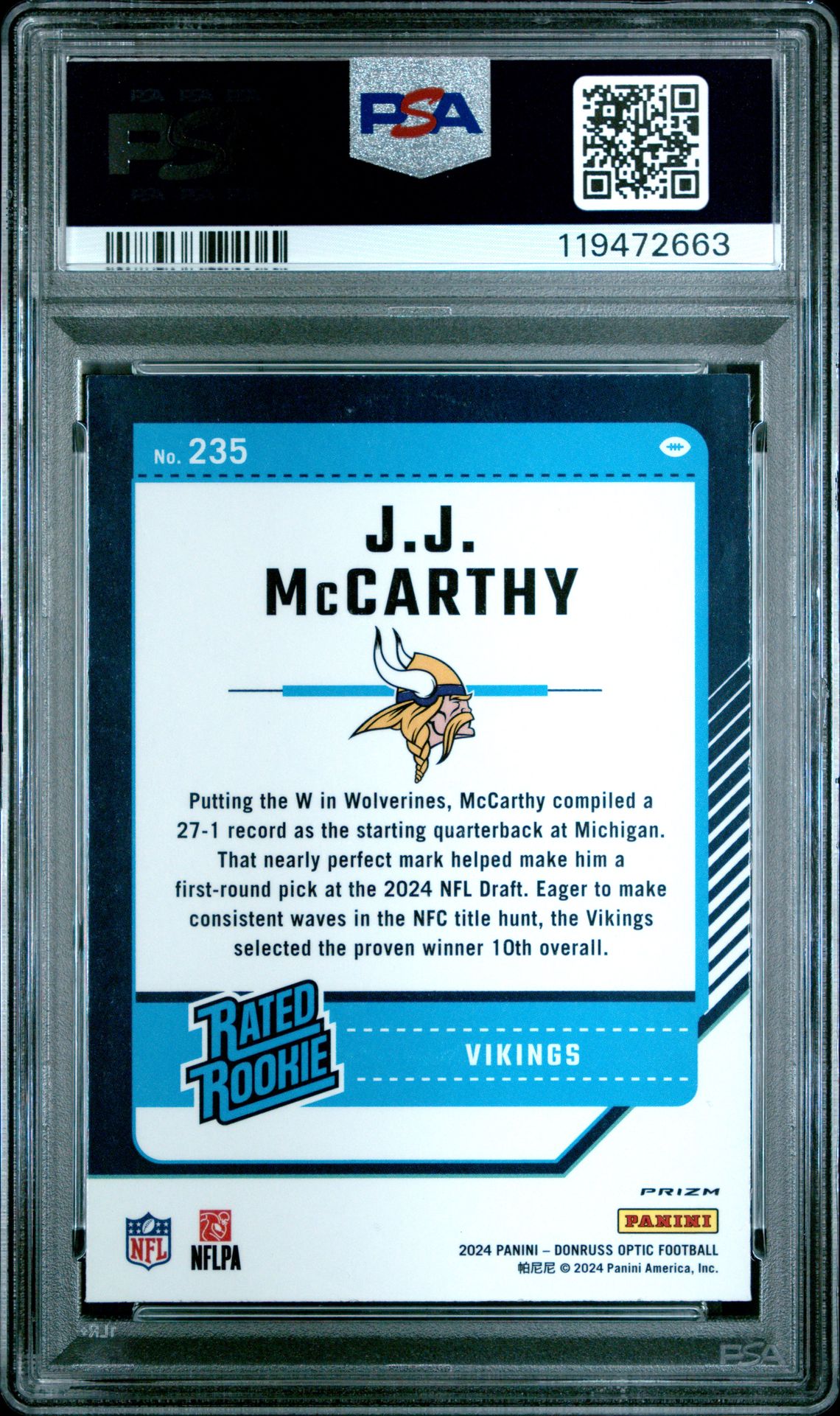 2024 Panini Donruss Optic Jj Mccarthy #235 (Blue Hyper) Gem Mt 10 back