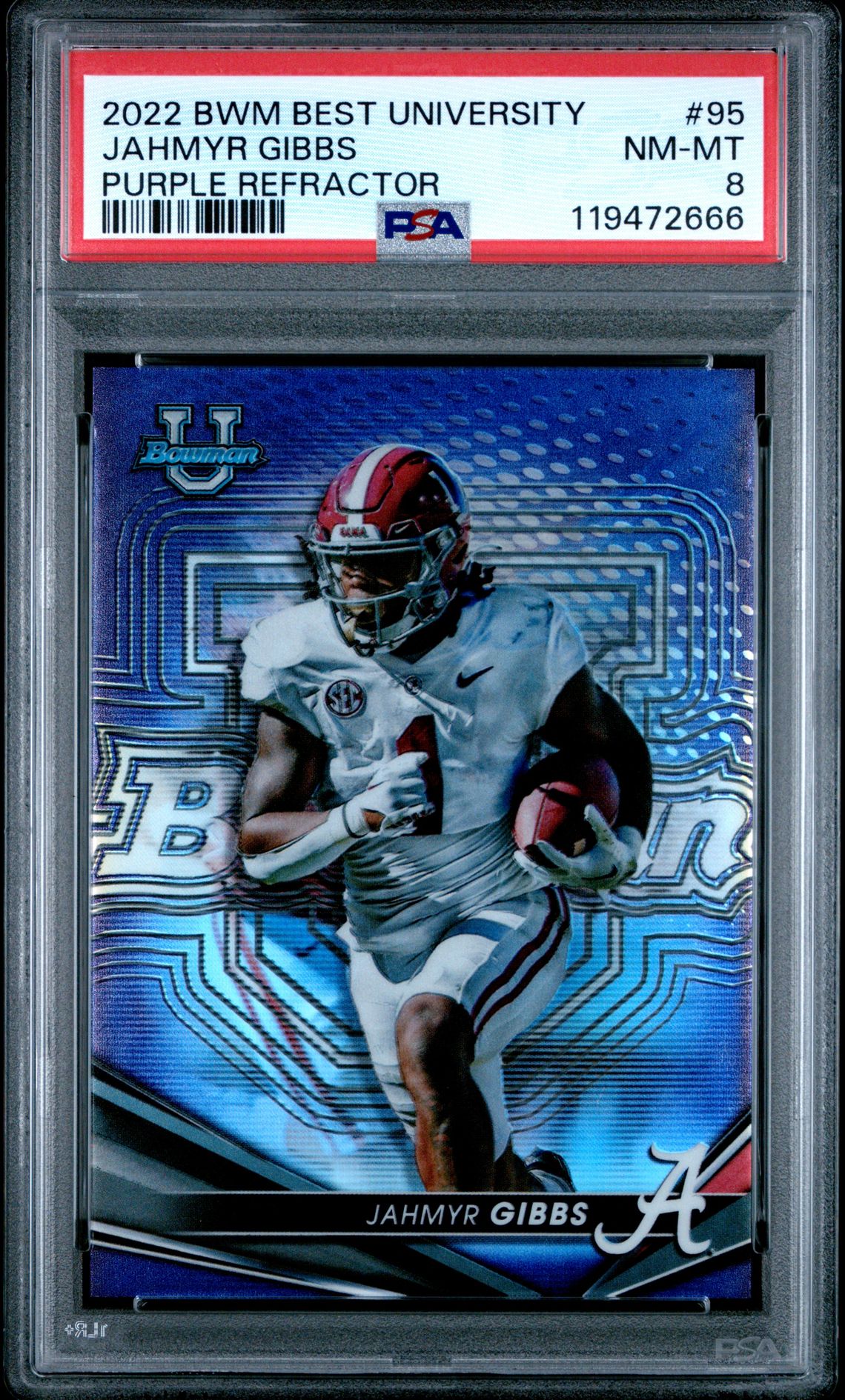 2022 Bowman's Best University Jahmyr Gibbs #95 (Purple Refractor) Nm-Mt 8 front