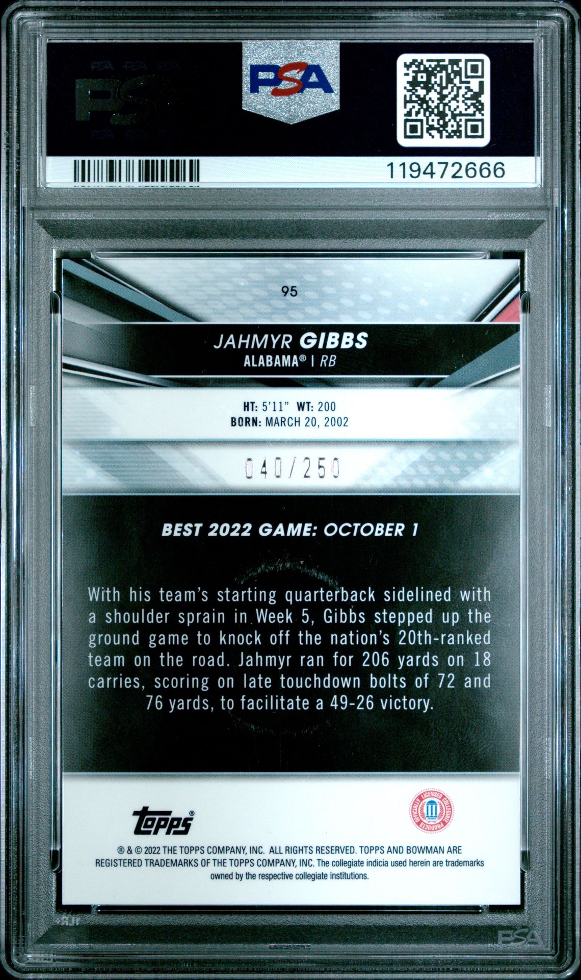 2022 Bowman's Best University Jahmyr Gibbs #95 (Purple Refractor) Nm-Mt 8 back