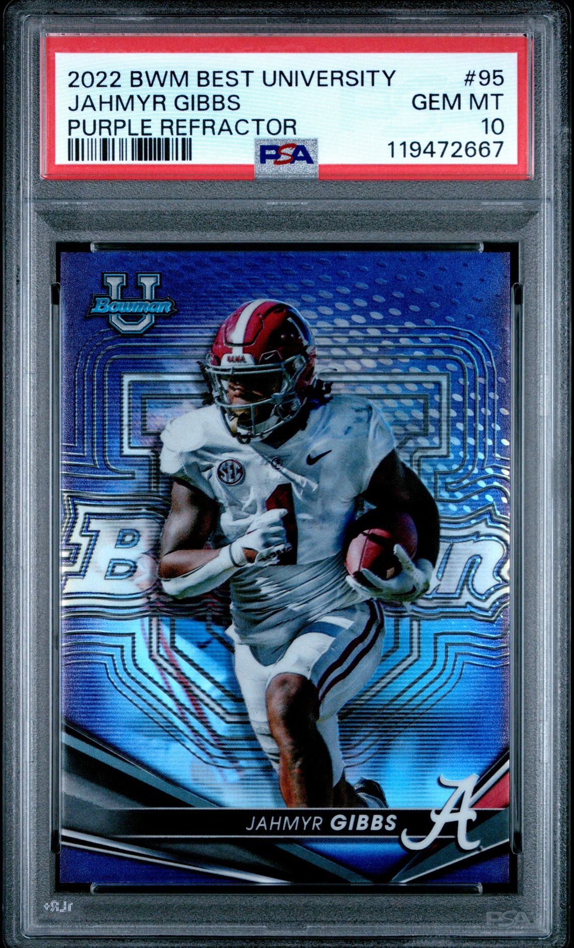 2022 Bowman's Best University Jahmyr Gibbs #95 (Purple Refractor) Gem Mt 10 front