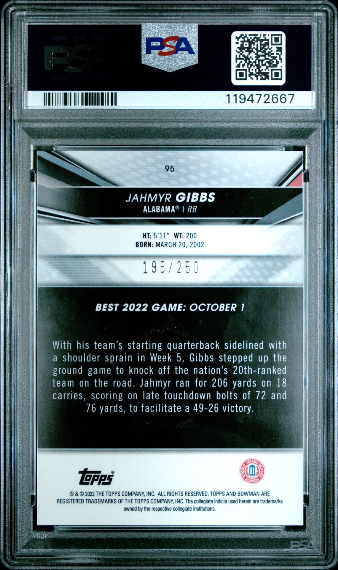 2022 Bowman's Best University Jahmyr Gibbs #95 (Purple Refractor) Gem Mt 10 back