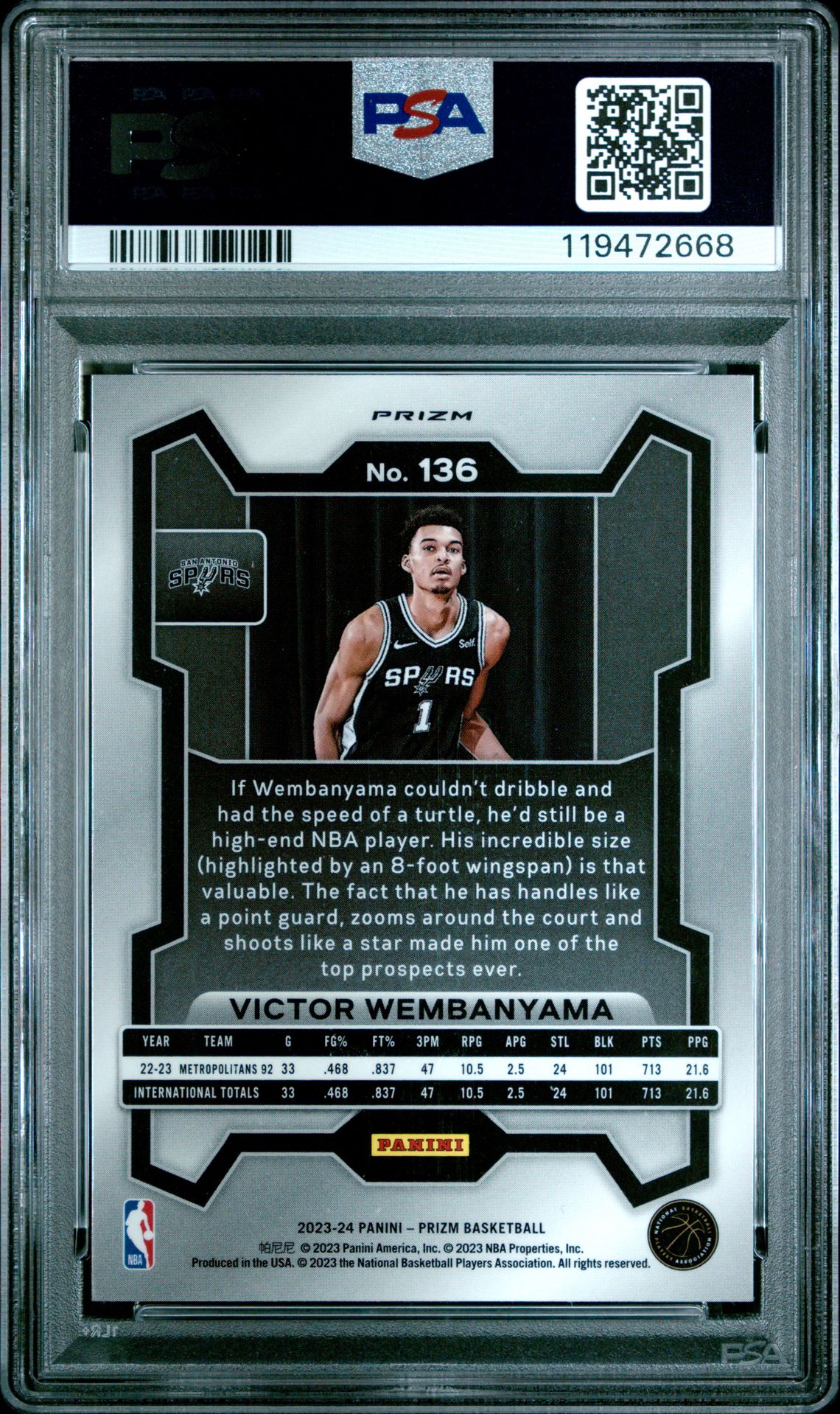 2023 Panini Prizm Victor Wembanyama #136 (Green Prizm) Gem Mt 10 back