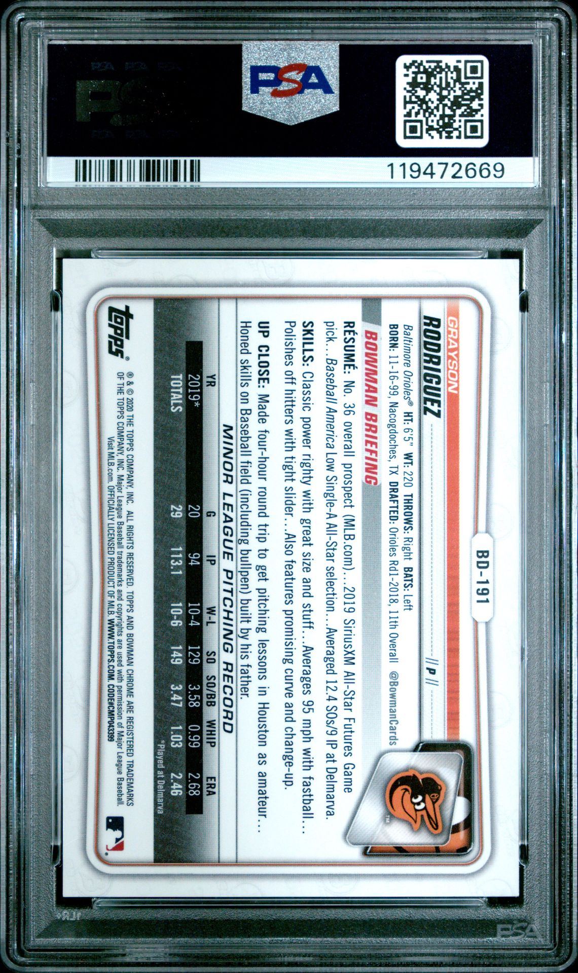 2020 Bowman Draft Chrome Sapphire Edition Grayson Rodriguez #Bd191 (Chrome Sapphire Ed-Aqua) Gem Mt 10 back