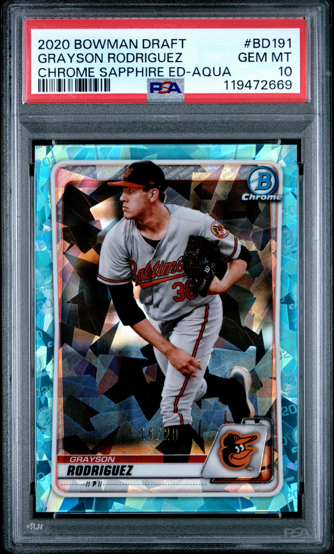 2020 Bowman Draft Chrome Sapphire Edition Grayson Rodriguez #Bd191 (Chrome Sapphire Ed-Aqua) Gem Mt 10 front