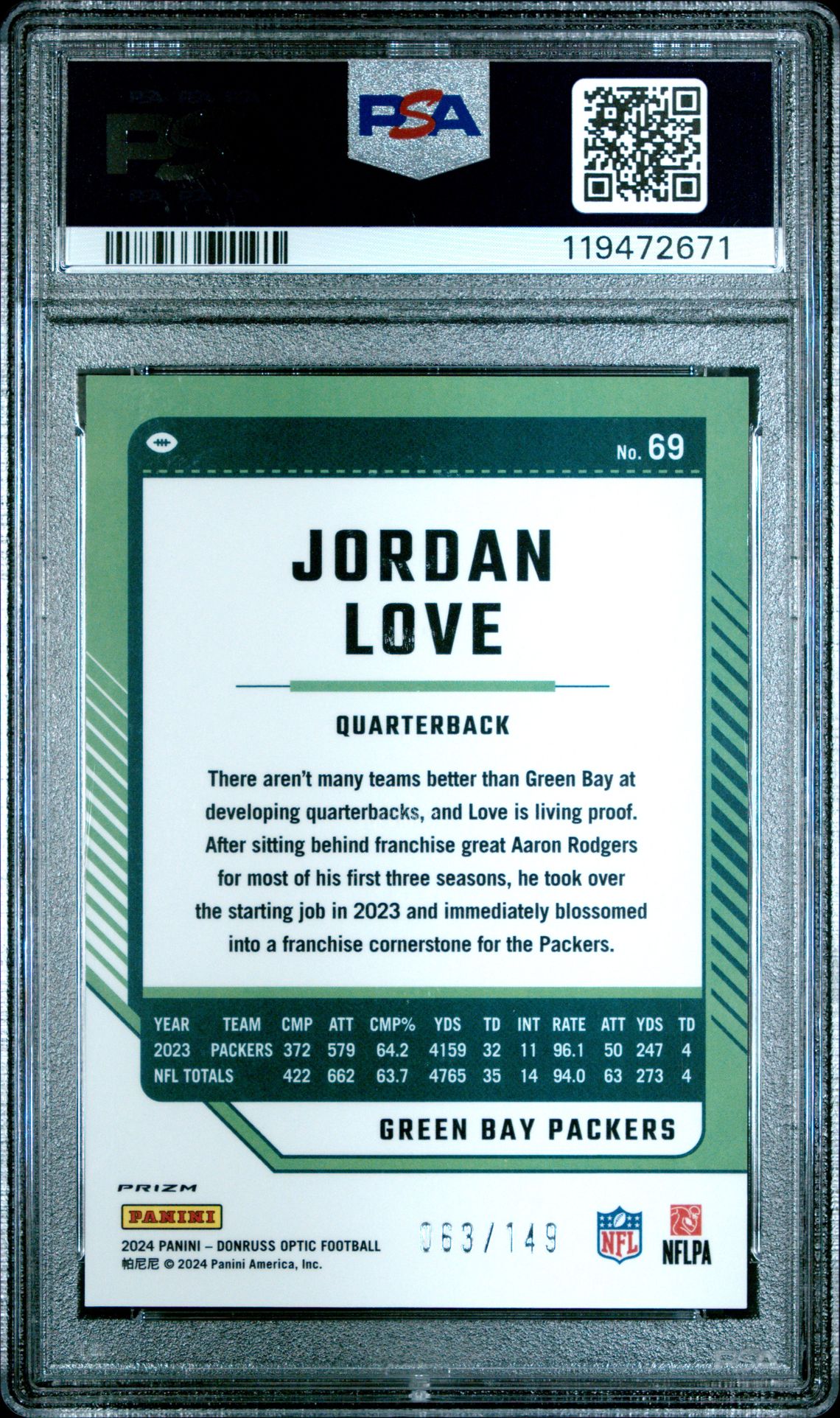 2024 Panini Donruss Optic Jordan Love #69 (Flex) Gem Mt 10 back