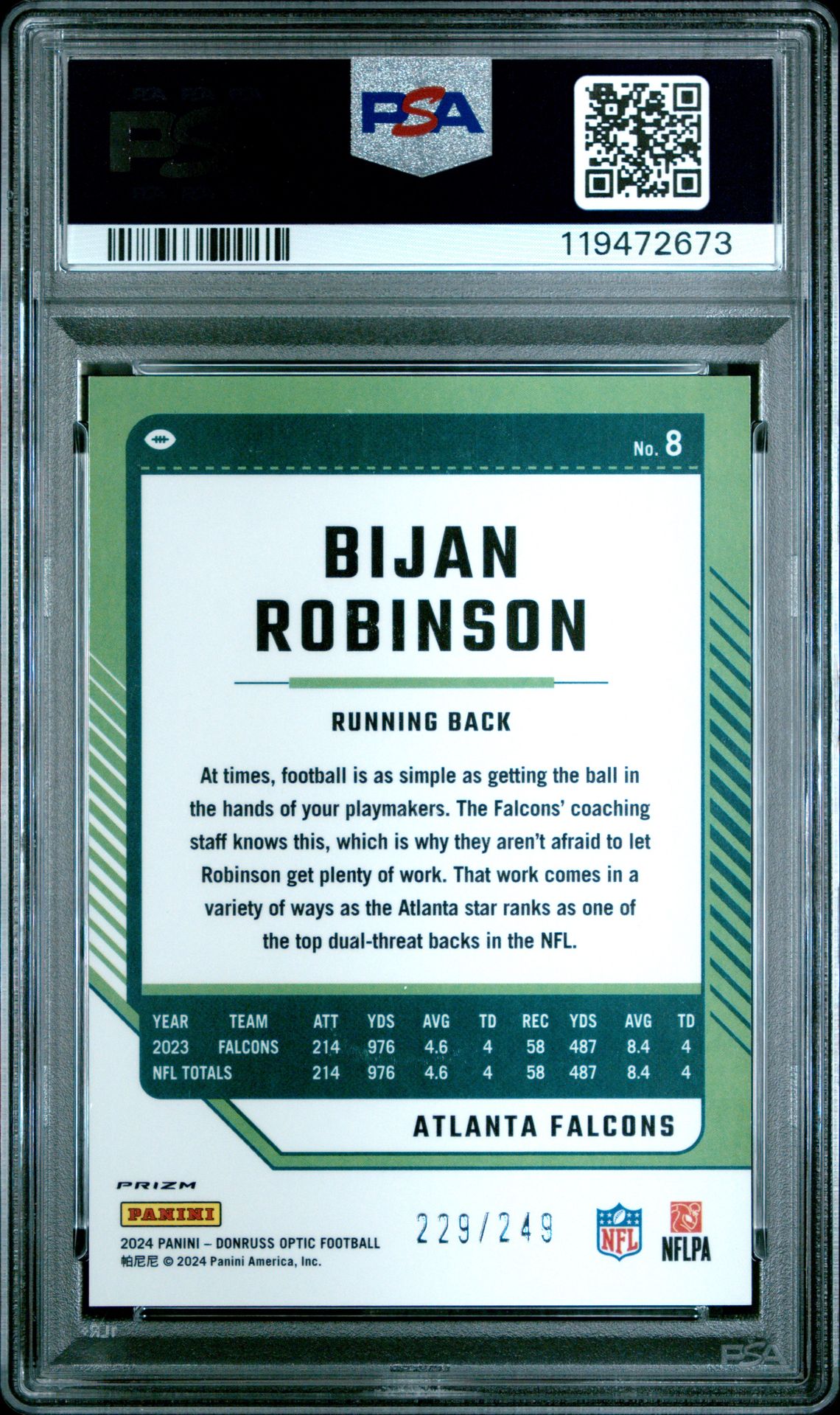 2024 Panini Donruss Optic Bijan Robinson #8 (Orange) Gem Mt 10 back