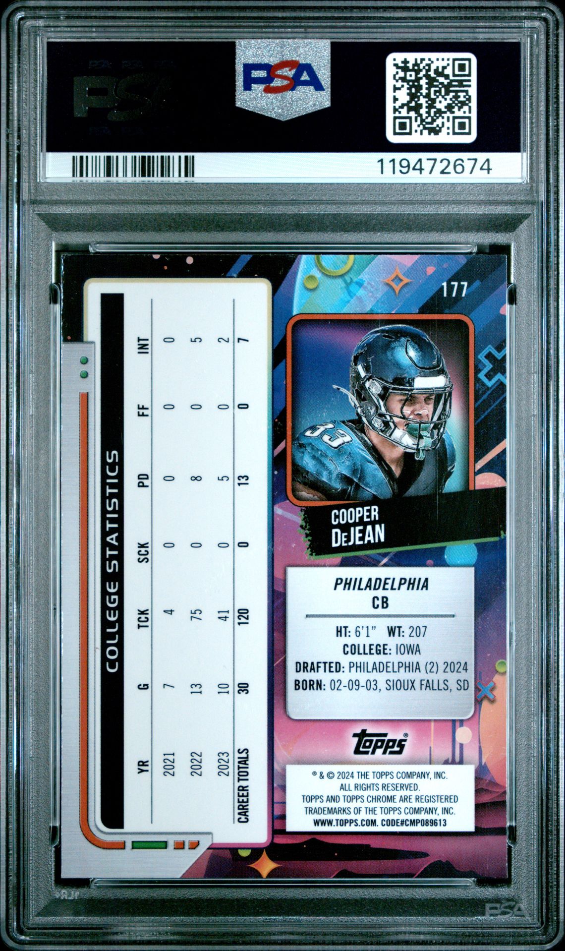 2024 Topps Cosmic Chrome Cooper Dejean #177 (Purple Nebula) Mint 9 back