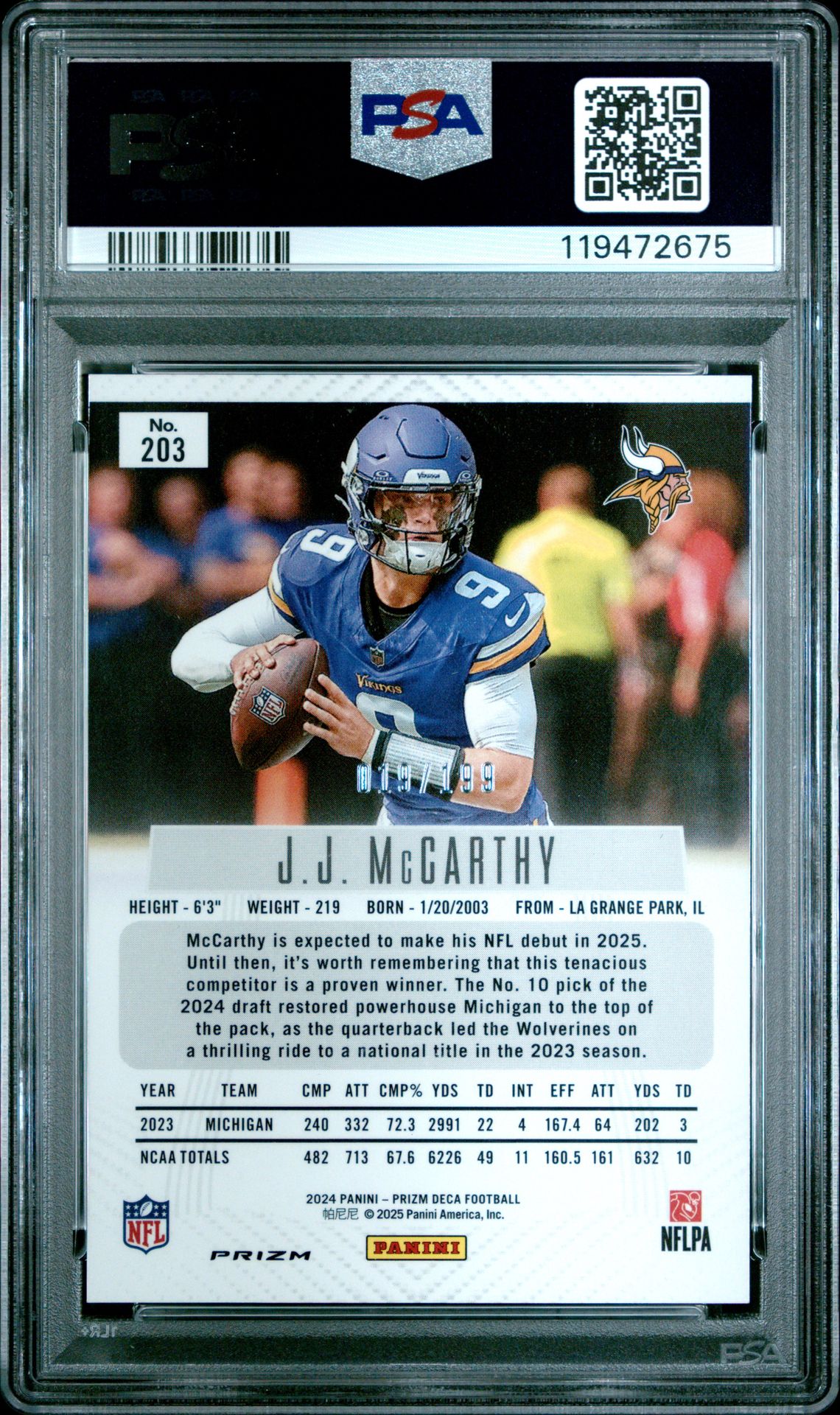 2024 Panini Prizm Deca Jj Mccarthy #203 (Red Prizm) Mint 9 back