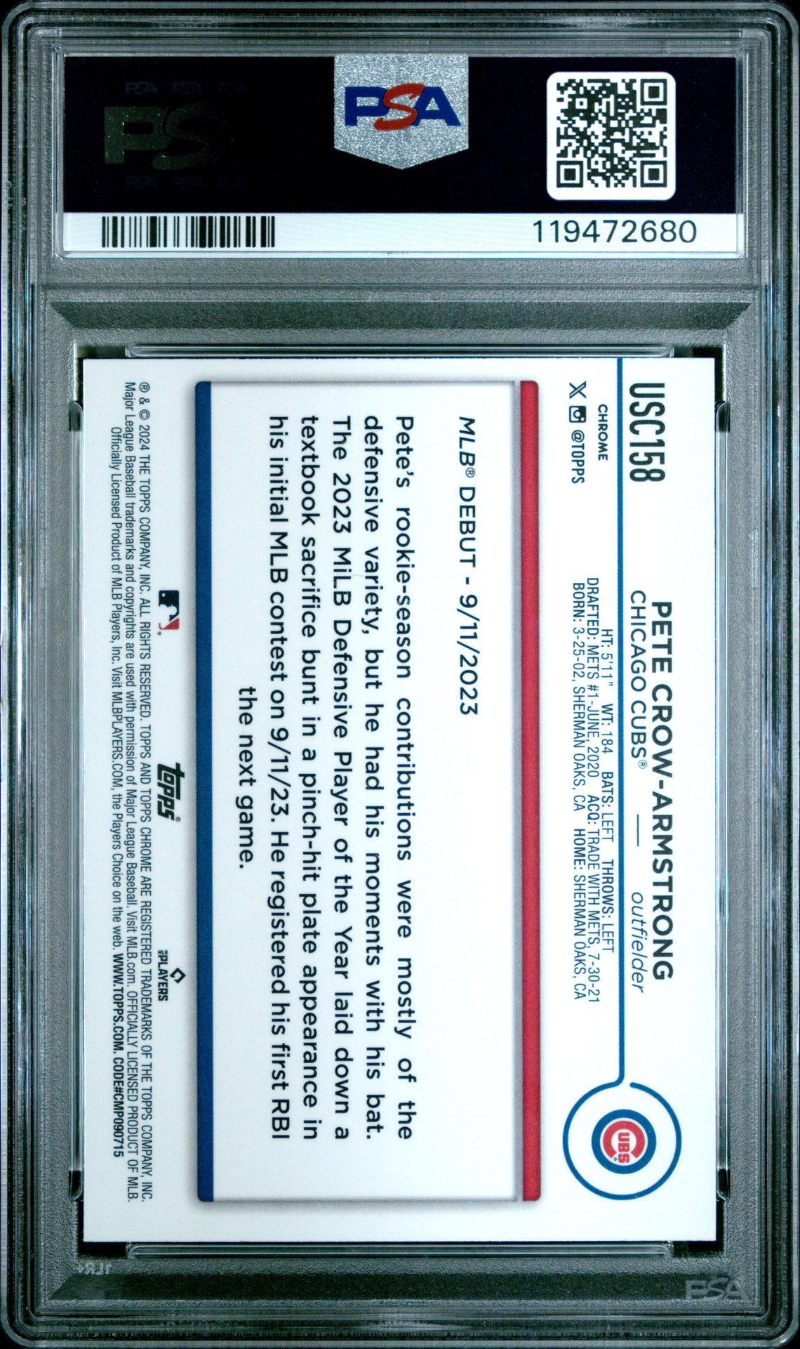 2024 Topps Chrome Update Pete Crow-Armstrong #Usc158 (X-Fractor) Gem Mt 10 back