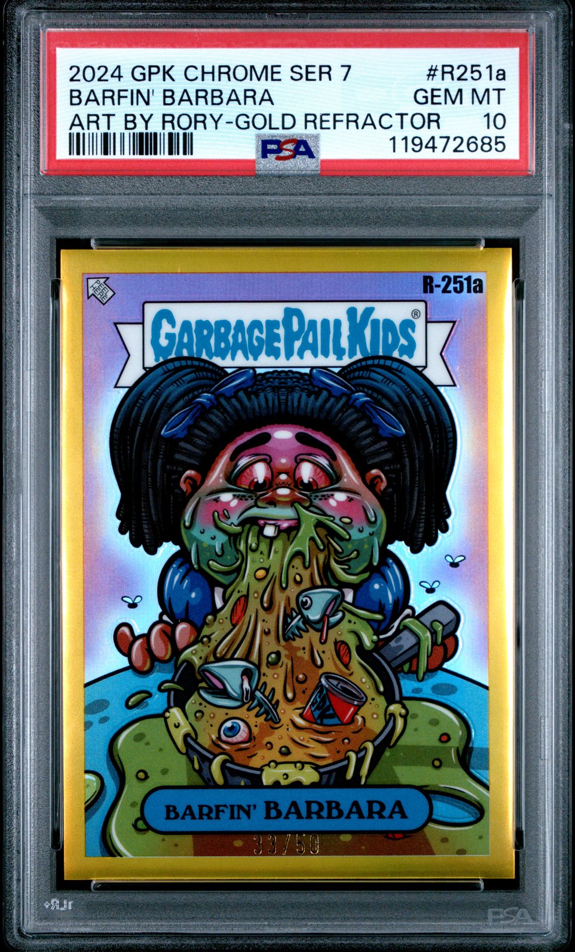 2024 Topps Chrome Garbage Pail Kids Original Series 7 Art By Rory Barfin' Barbara #R251A (Art By Rory-Gold Refractor) Gem Mt 10 front