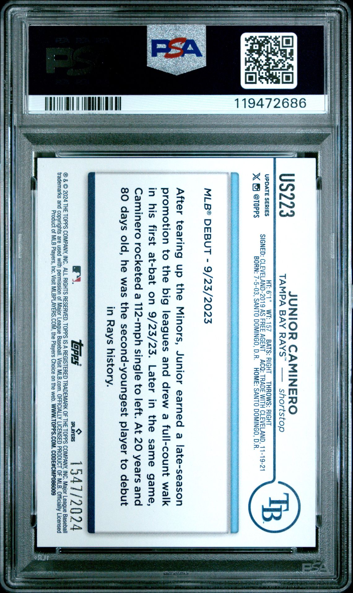 2024 Topps Update Junior Caminero #Us223 (Gold) Nm-Mt+ 8.5 back