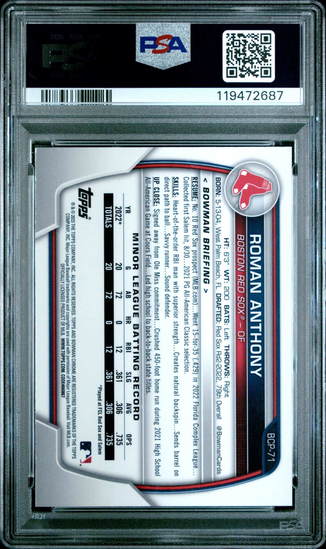 2023 Bowman Mega Box Chrome Roman Anthony #71 (Chrome) Gem Mt 10 back