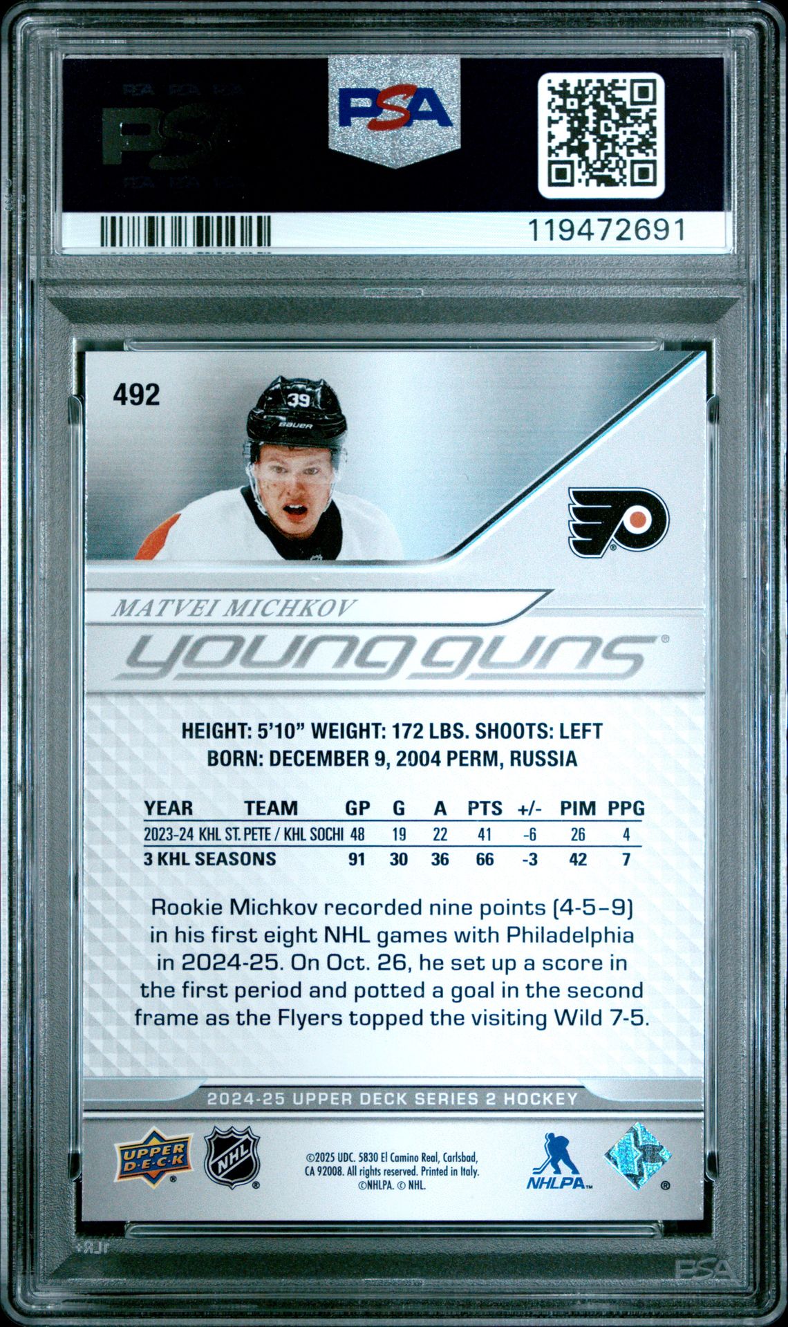 2024 Upper Deck Matvei Michkov #492 Mint 9 back