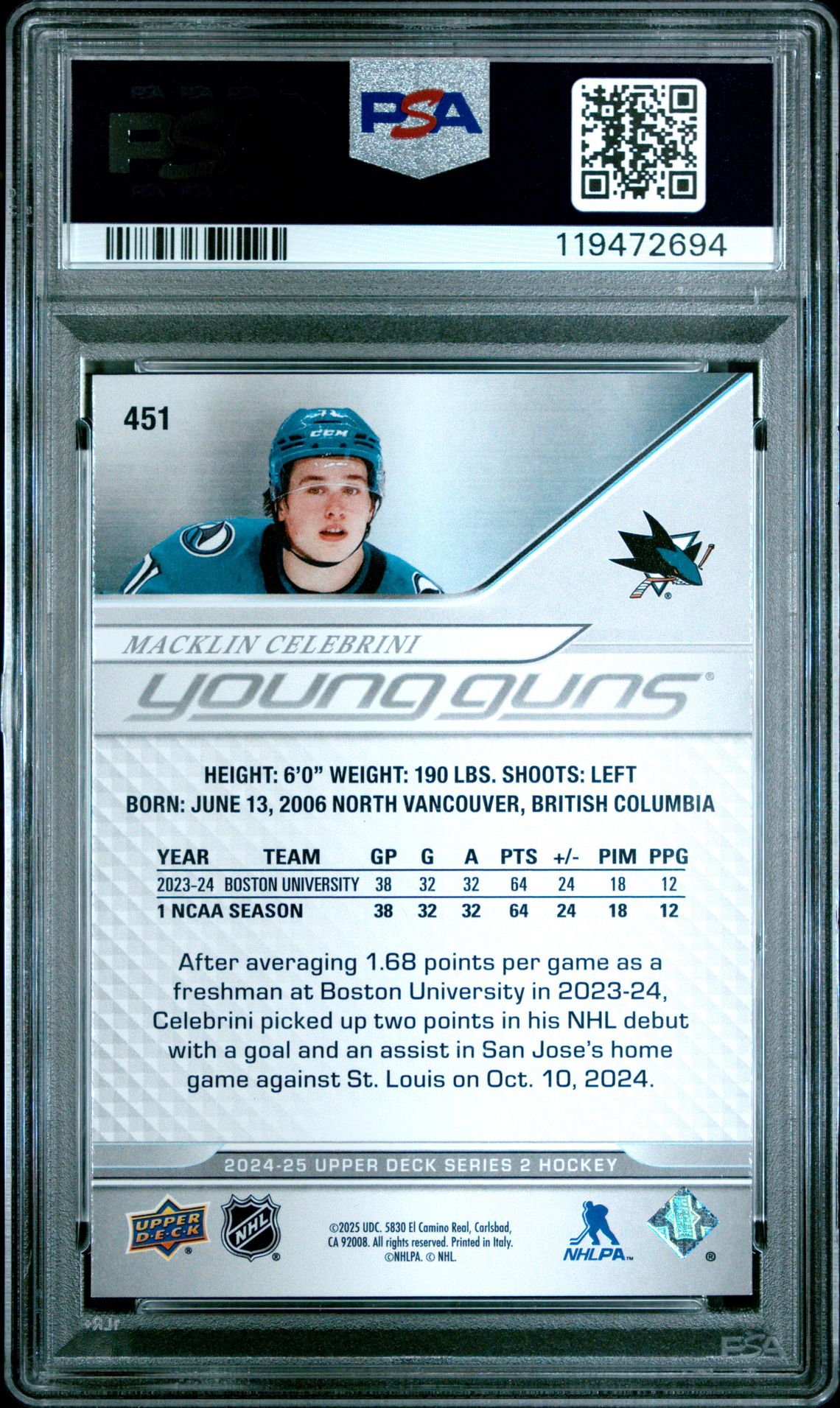 2024 Upper Deck Macklin Celebrini #451 Mint 9 back
