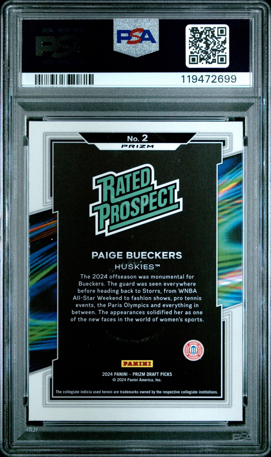 2024 Panini Prizm Draft Picks Rated Prospect Paige Bueckers #2 (Rated Prospect-Purple Wave) Mint 9 back