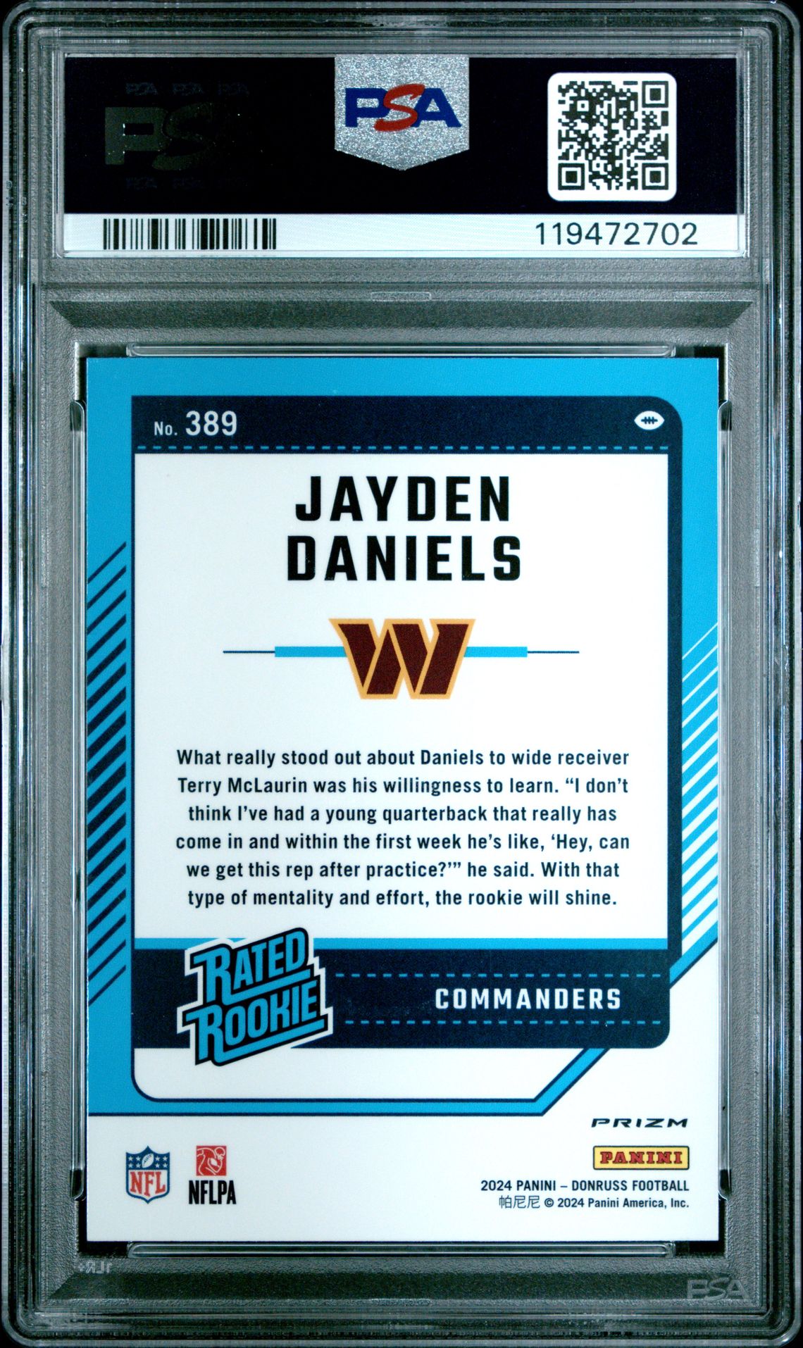 2024 Panini Donruss Jayden Daniels #389 (Optic Preview-Pink) Gem Mt 10 back