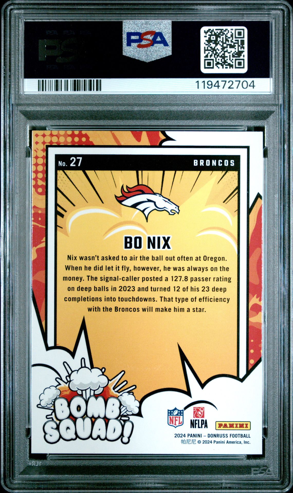 2024 Panini Donruss Bomb Squad Bo Nix #27 Gem Mt 10 back