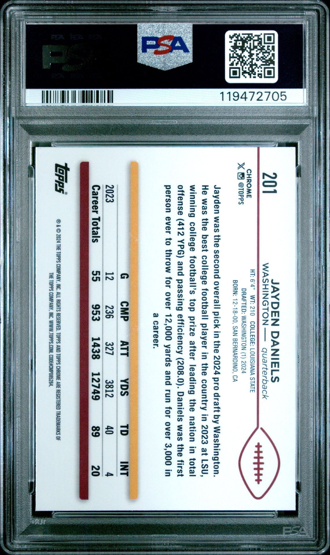 2024 Topps Chrome Jayden Daniels #201 (Prism Refractor) Mint 9 back