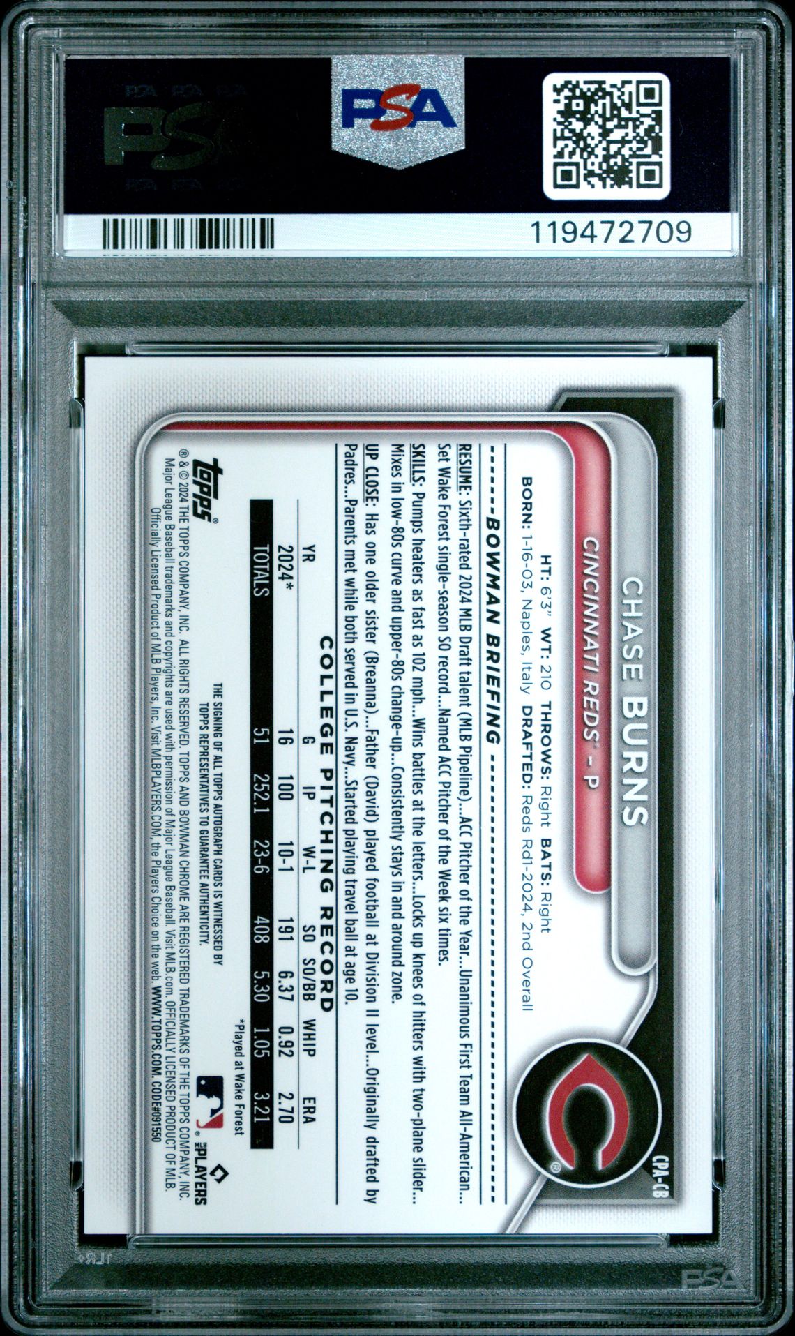 2024 Bowman Draft Chrome Prospect Autographs Chase Burns #Cpacb Mint 9 back