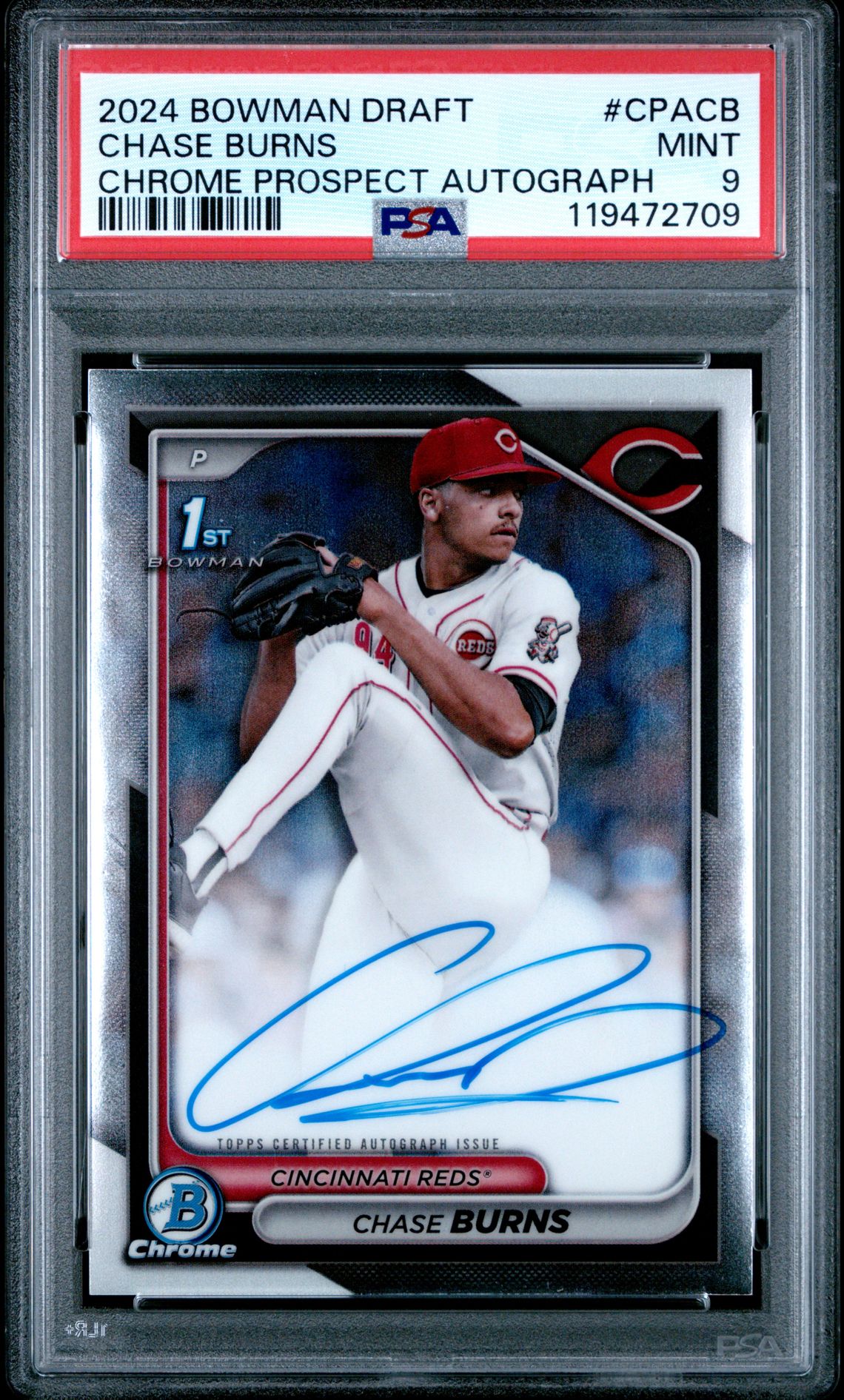 2024 Bowman Draft Chrome Prospect Autographs Chase Burns #Cpacb Mint 9 front