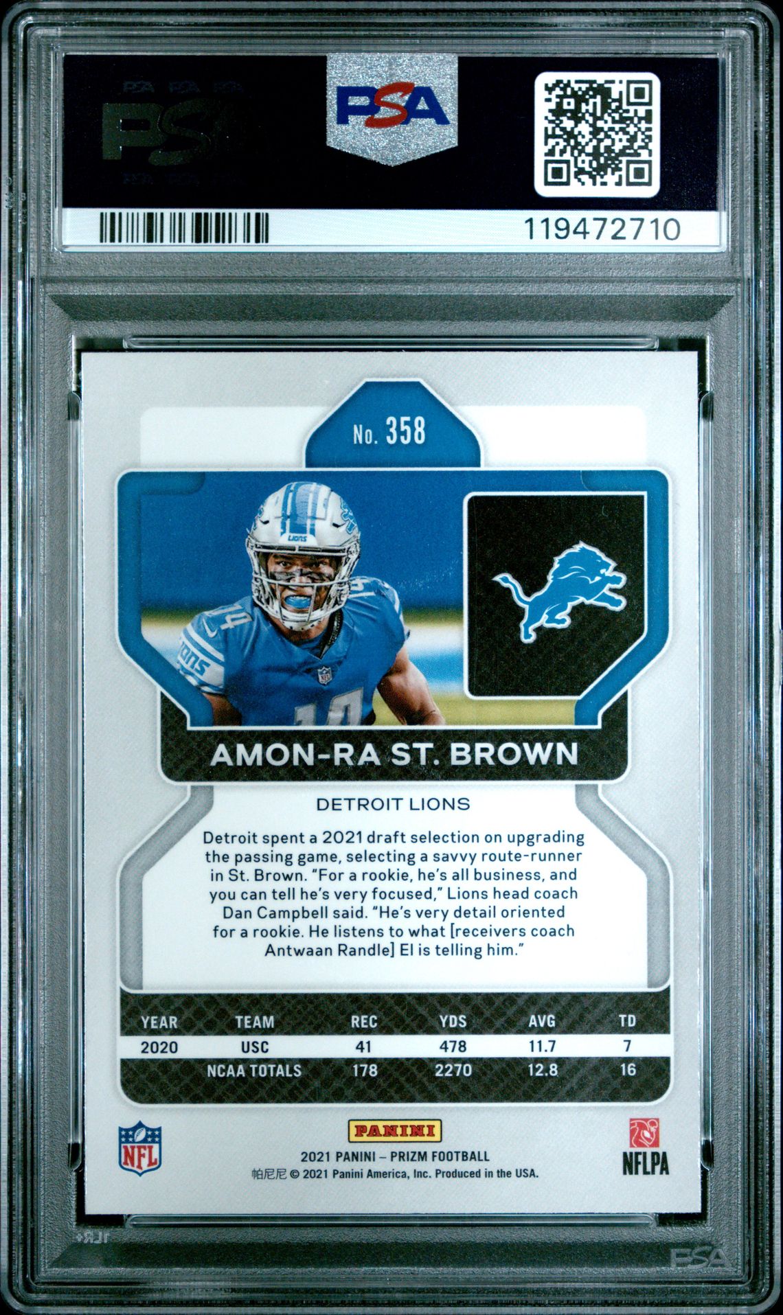 2021 Panini Prizm Amon-Ra St. Brown #358 Mint 9 back