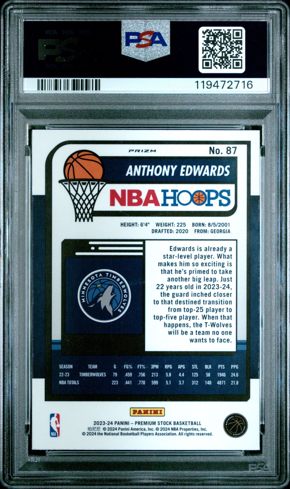 2023 Panini Hoops Premium Stock Anthony Edwards #87 (Seismic Prizm) Gem Mt 10 back