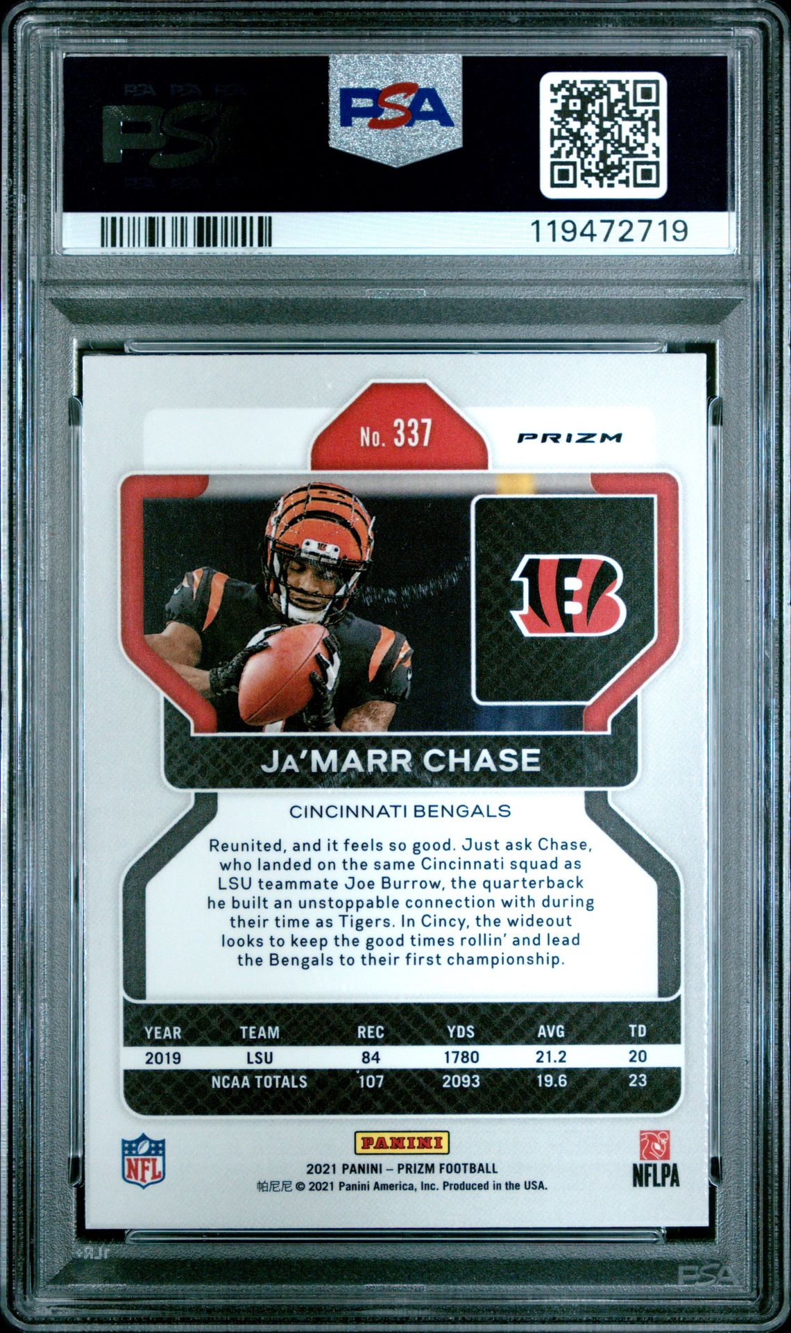 2021 Panini Prizm Ja’marr Chase #337 (Pink Prizm) Gem Mt 10 back