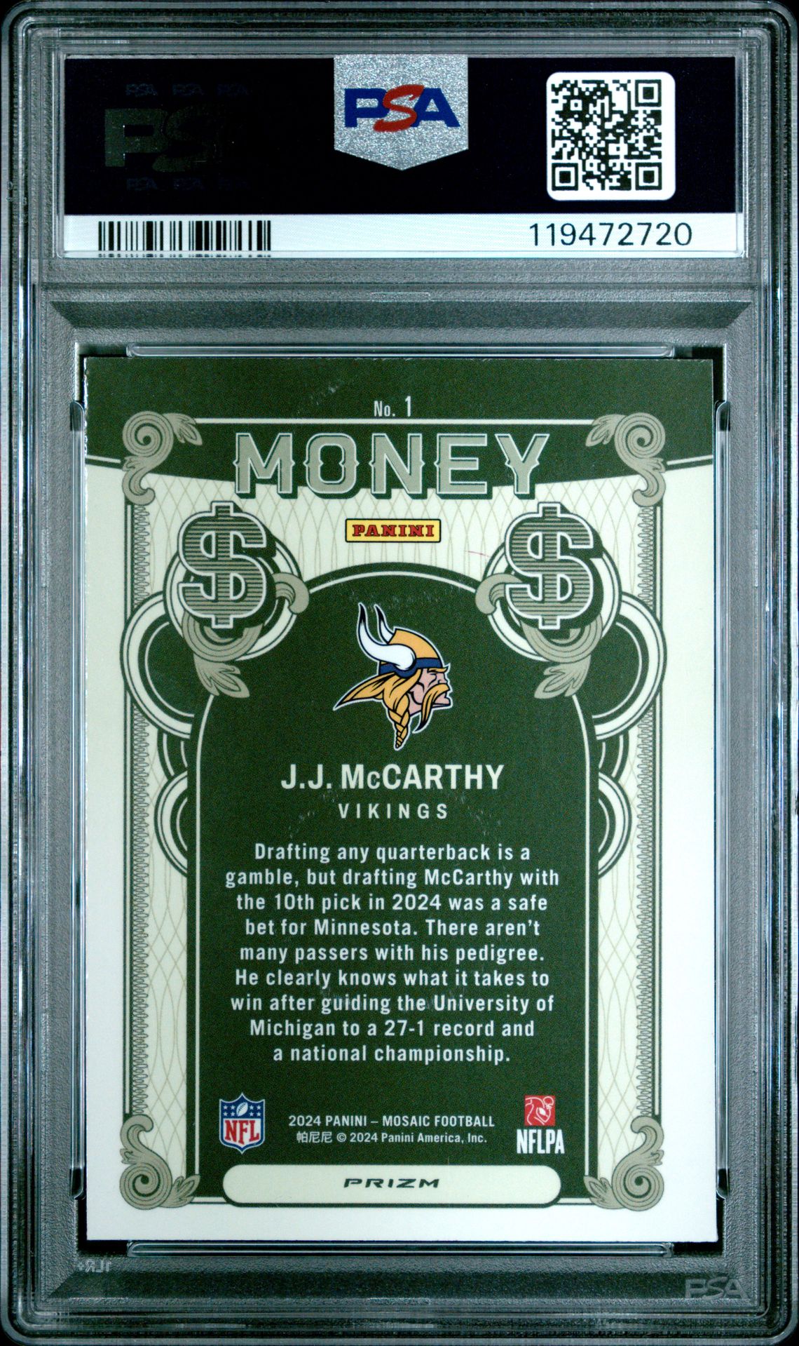 2024 Panini Mosaic Money Jj Mccarthy #1 Mint 9 back