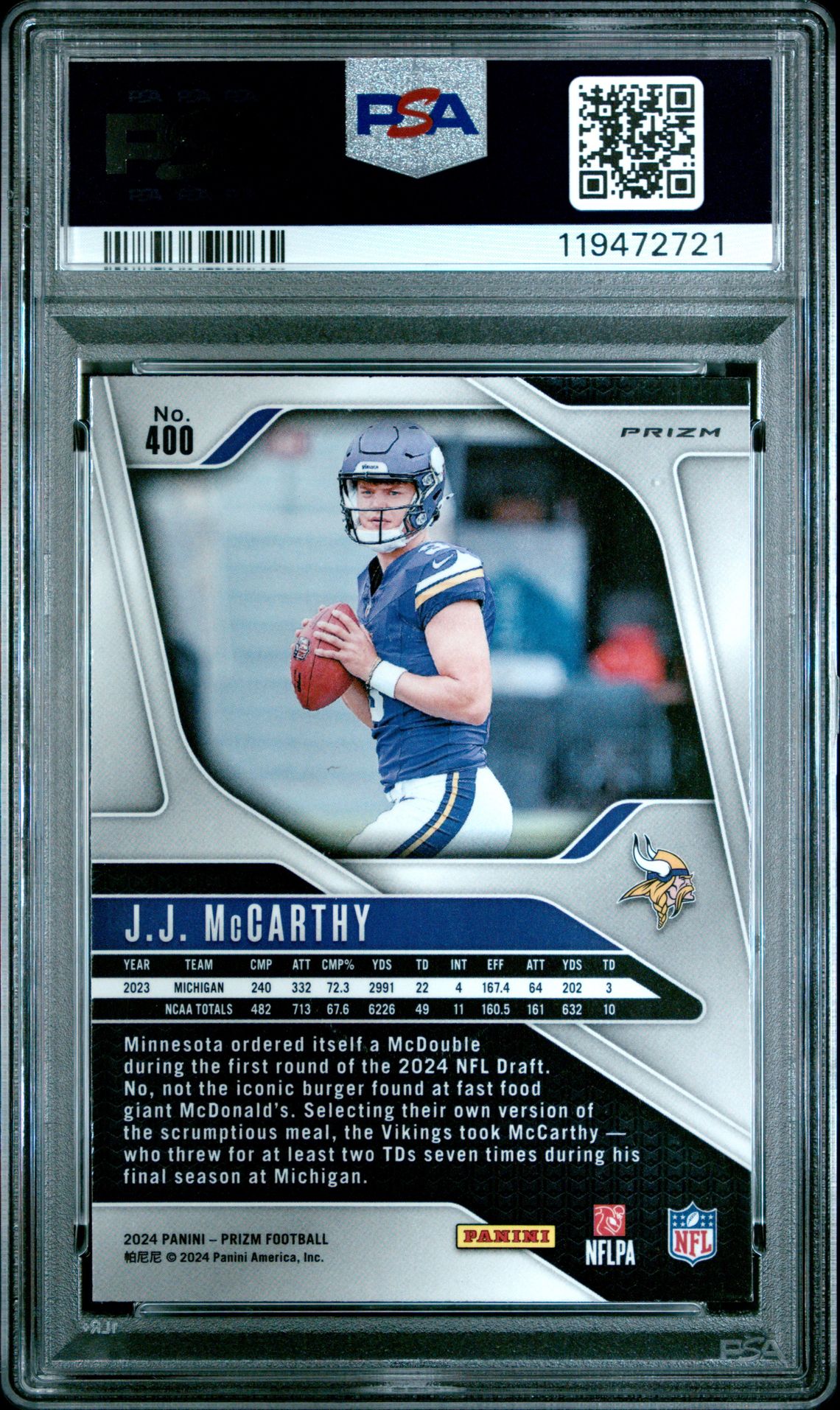 2024 Panini Prizm Jj Mccarthy #400 (Disco Prizm) Gem Mt 10 back