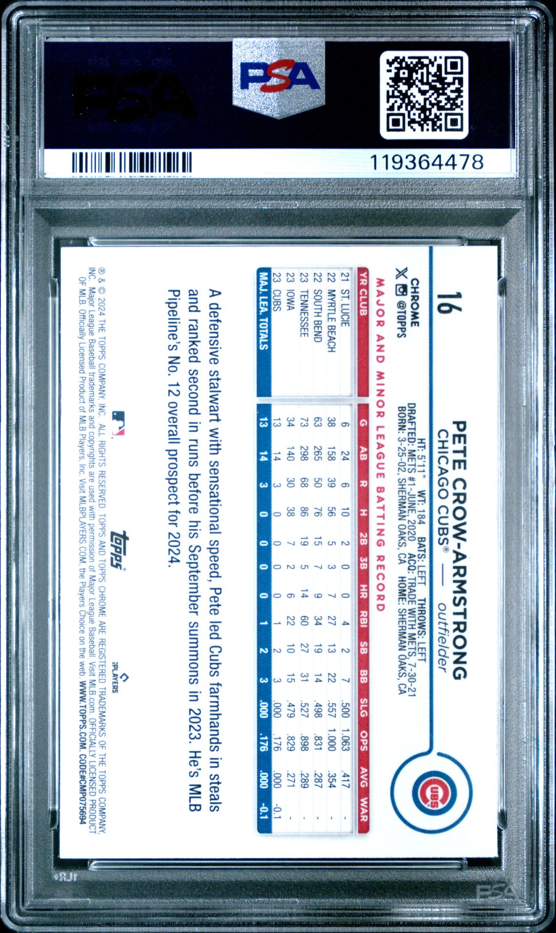 2024 Topps Chrome Pete Crow-Armstrong #16 (X-Fractor) Mint 9 back