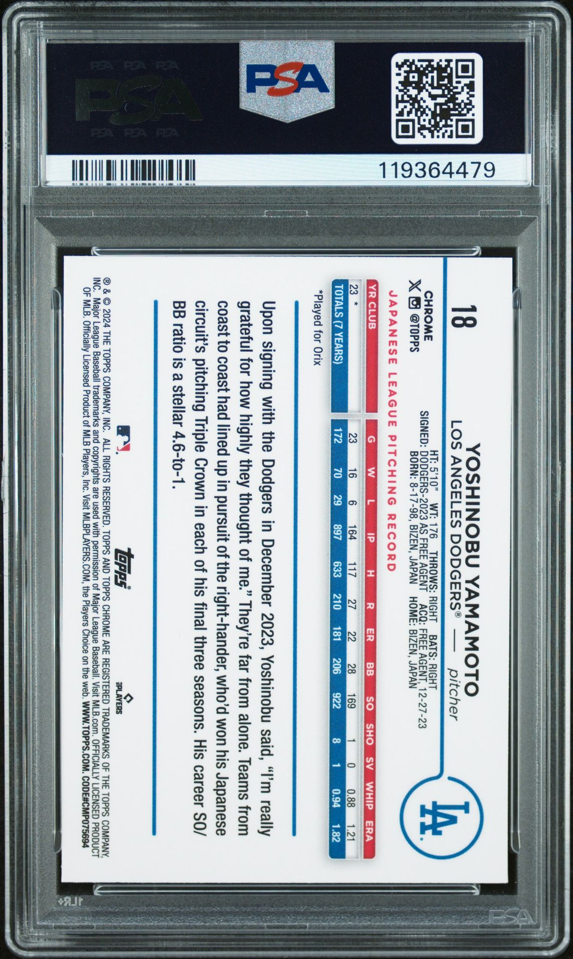 2024 Topps Chrome Yoshinobu Yamamoto #18 (X-Fractor) Gem Mt 10 back