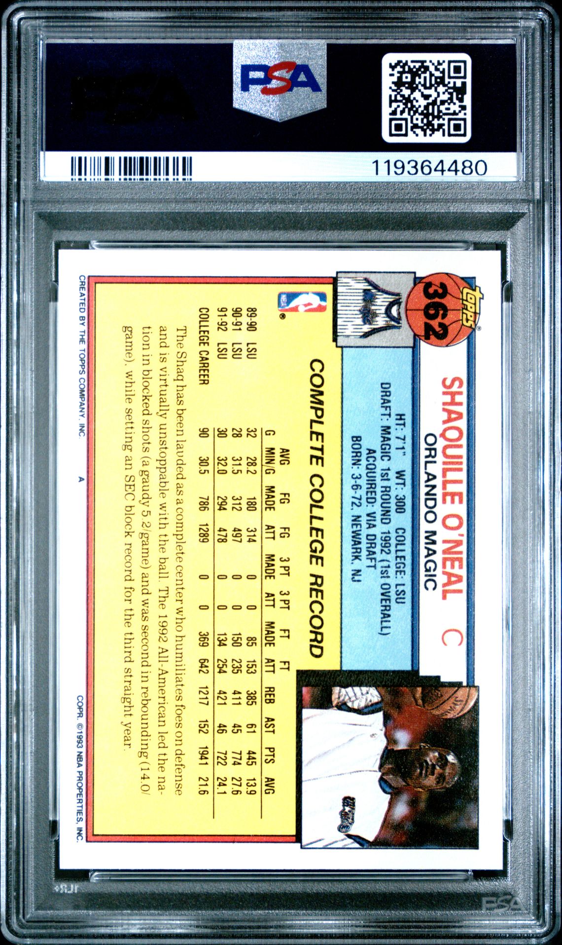 1992 Topps Shaquille O'neal #362 Nm-Mt 8 back