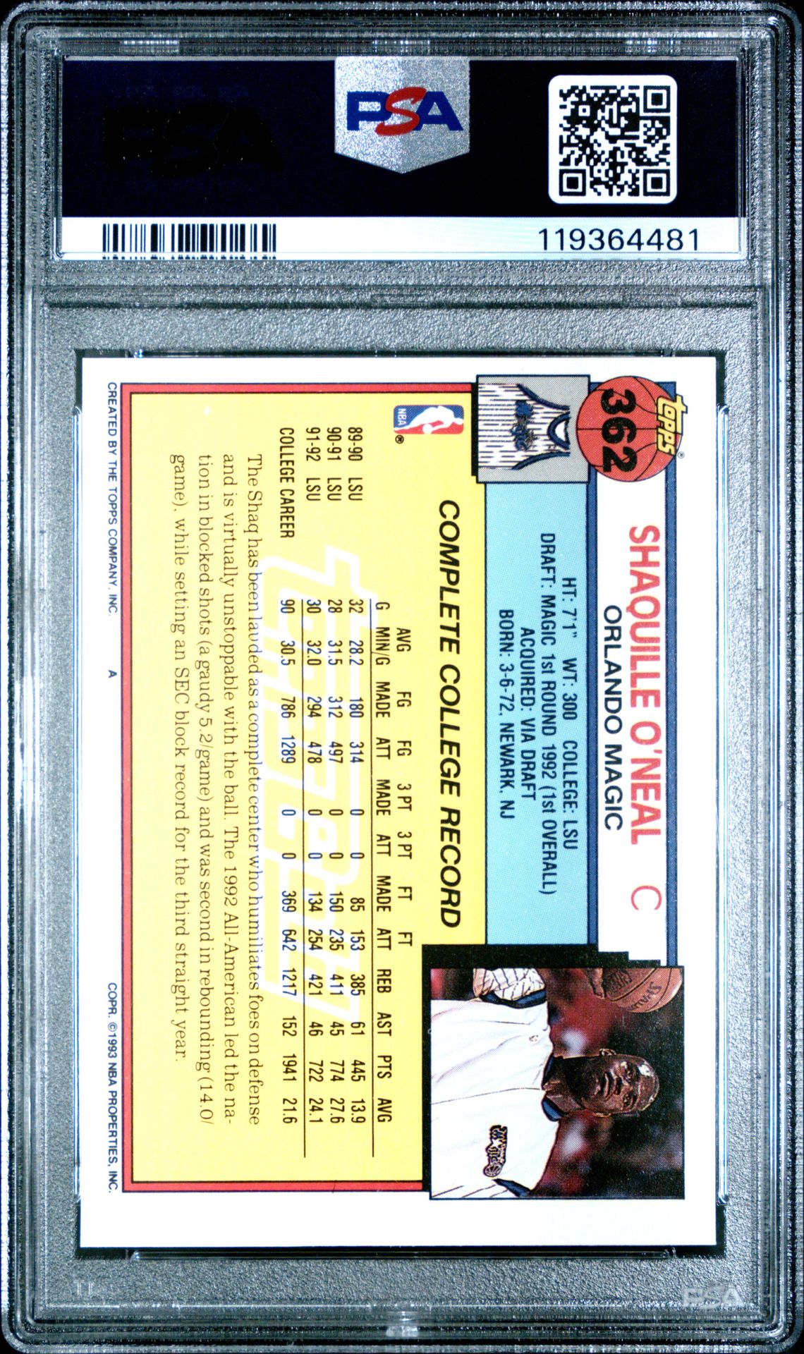 1992 Topps Gold Shaquille O'neal #362 Nm-Mt 8 back