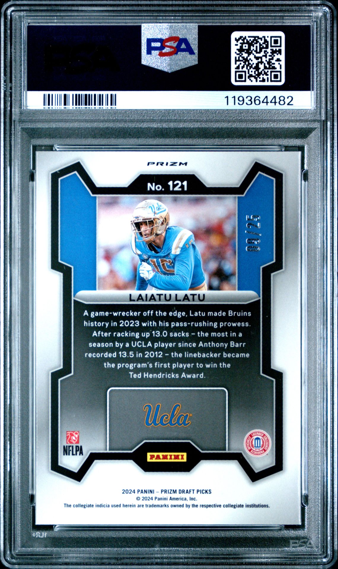 2024 Panini Prizm Draft Picks Laiatu Latu #121 (Green Pulsar) Gem Mt 10 back