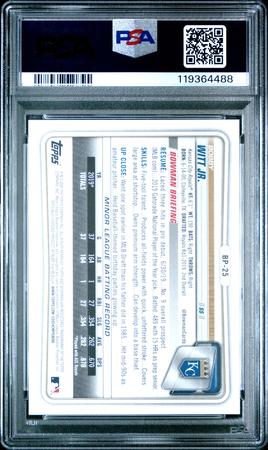 2020 Bowman Paper Prospects Bobby Witt Jr. #Bp25 (Paper Prospects) Mint 9 back