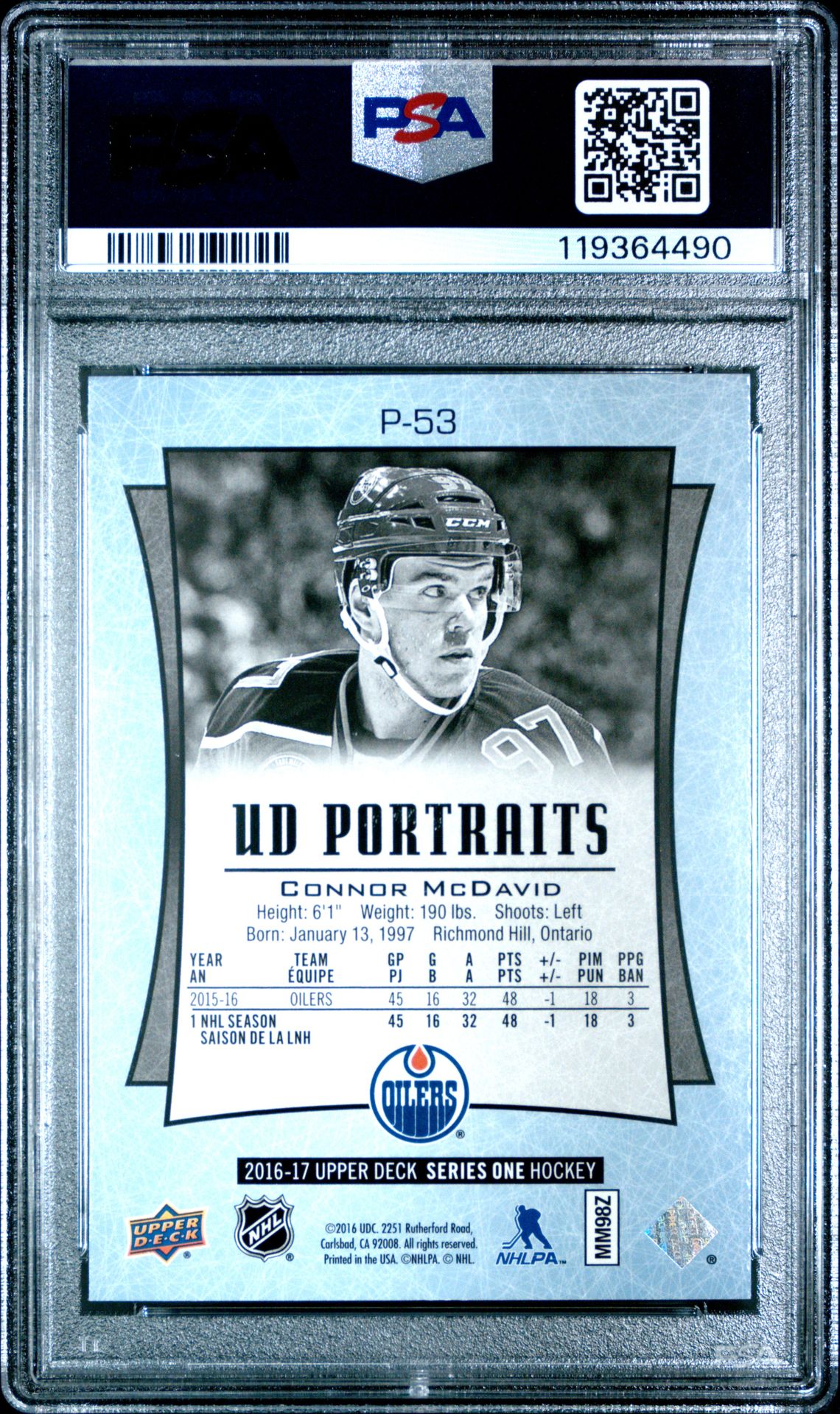 2016 Upper Deck Ud Portraits Connor Mcdavid #P-53 (Ud Portraits) Mint 9 back