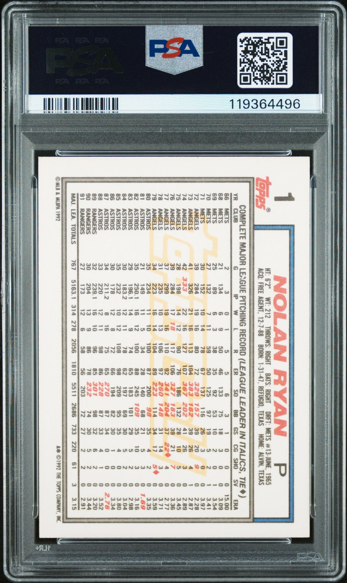 1992 Topps Gold Nolan Ryan #1 (Winner) Mint 9 back