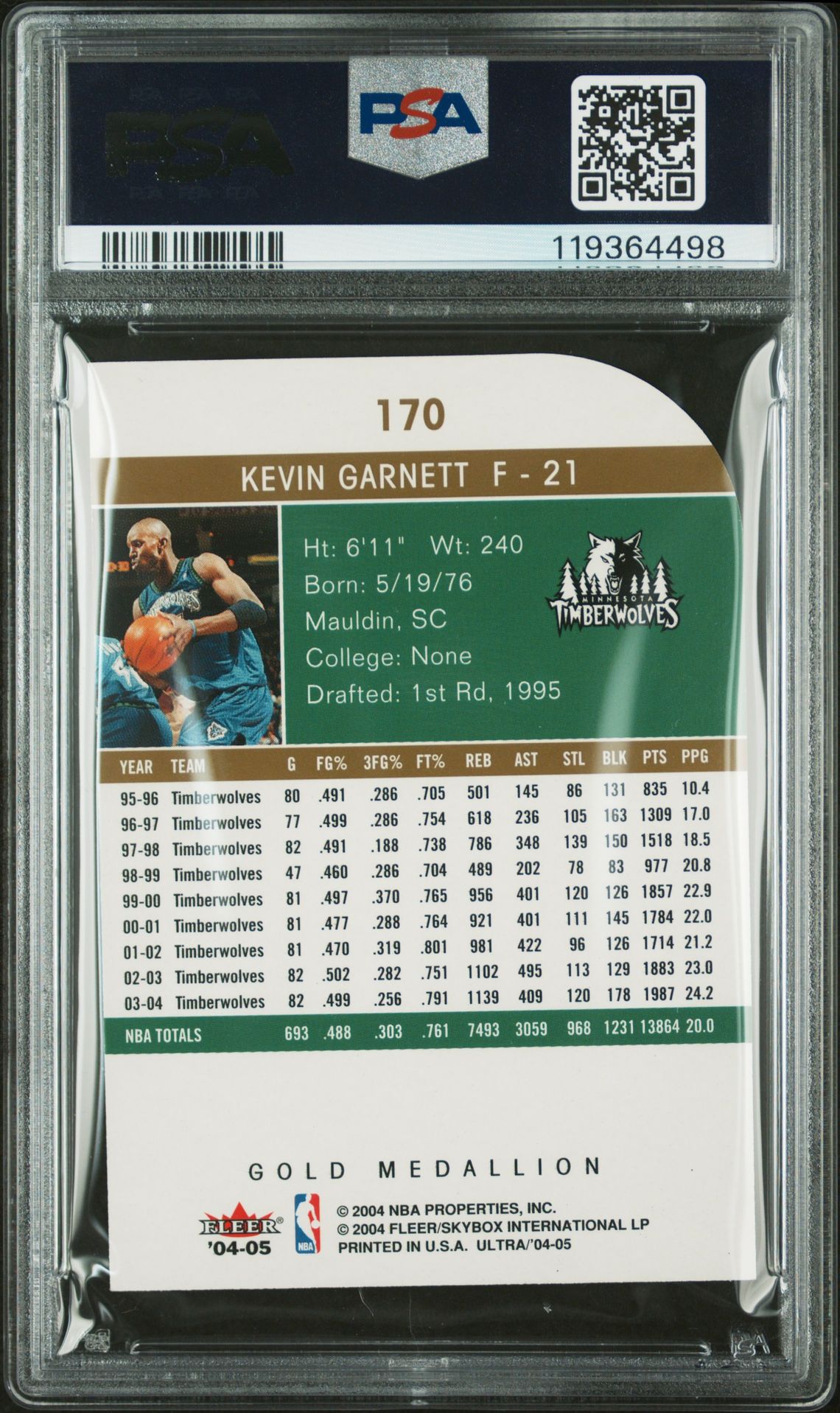 2004 Ultra Kevin Garnett #170 (Gold Medallion) Nm-Mt 8 back
